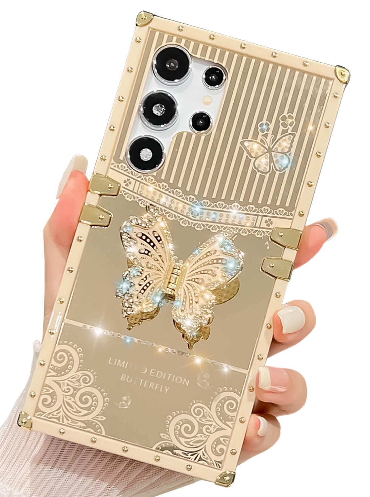 HALATUA Cute Compatible with Samsung Galaxy S25 Ultra Case, Luxury Bling Butterfly Foldable Stand Kickstand for Women & Girls, Mirror Lace Flexible