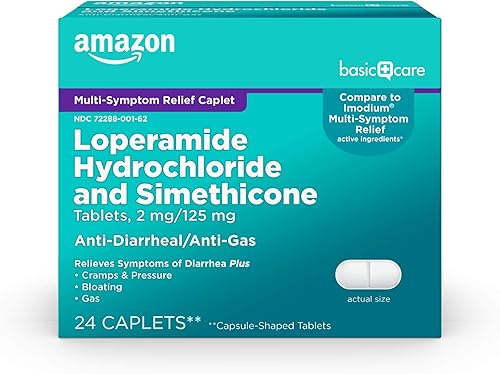 Amazon Basic Care Clorhidrato de loperamida de 2 mg y Simeticona 125 mg comprimidos, multisíntoma, medicamento antidiarrea, alivio de gases, 24