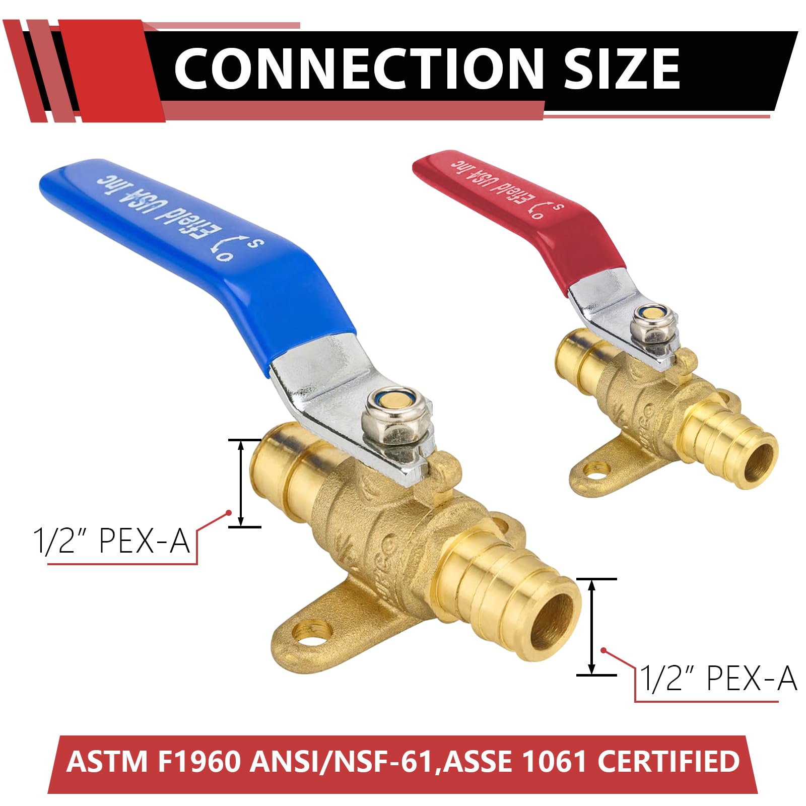 EFIELD - Válvula de bola de latón de cierre de puerto completo Pex A de 1/2 pulgada con oreja caída, niveles rojos y azules, certificación ASTM 1960, cUPC (10, 1/2 pulgadas)