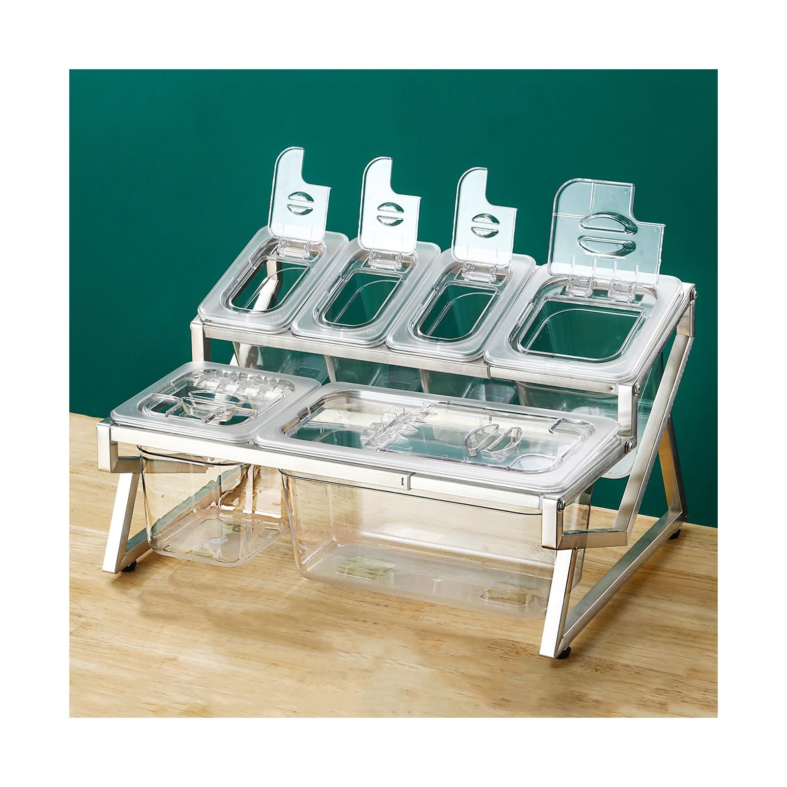Juego de recipientes para condimentos, organizador transparente de pie de cocina con tapa de cuchara, estante de acero inoxidable para bufé, restaurante y uso doméstico