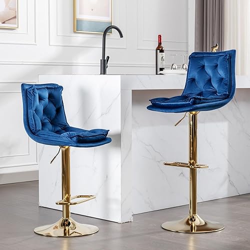 Rhomtree 25-33 Inch Swivel Bar Stools, Adjustable Counter Height Barstools, Velvet with Back & Gold Metal Base for Pub, Kitchen, Cafe, Upholstered