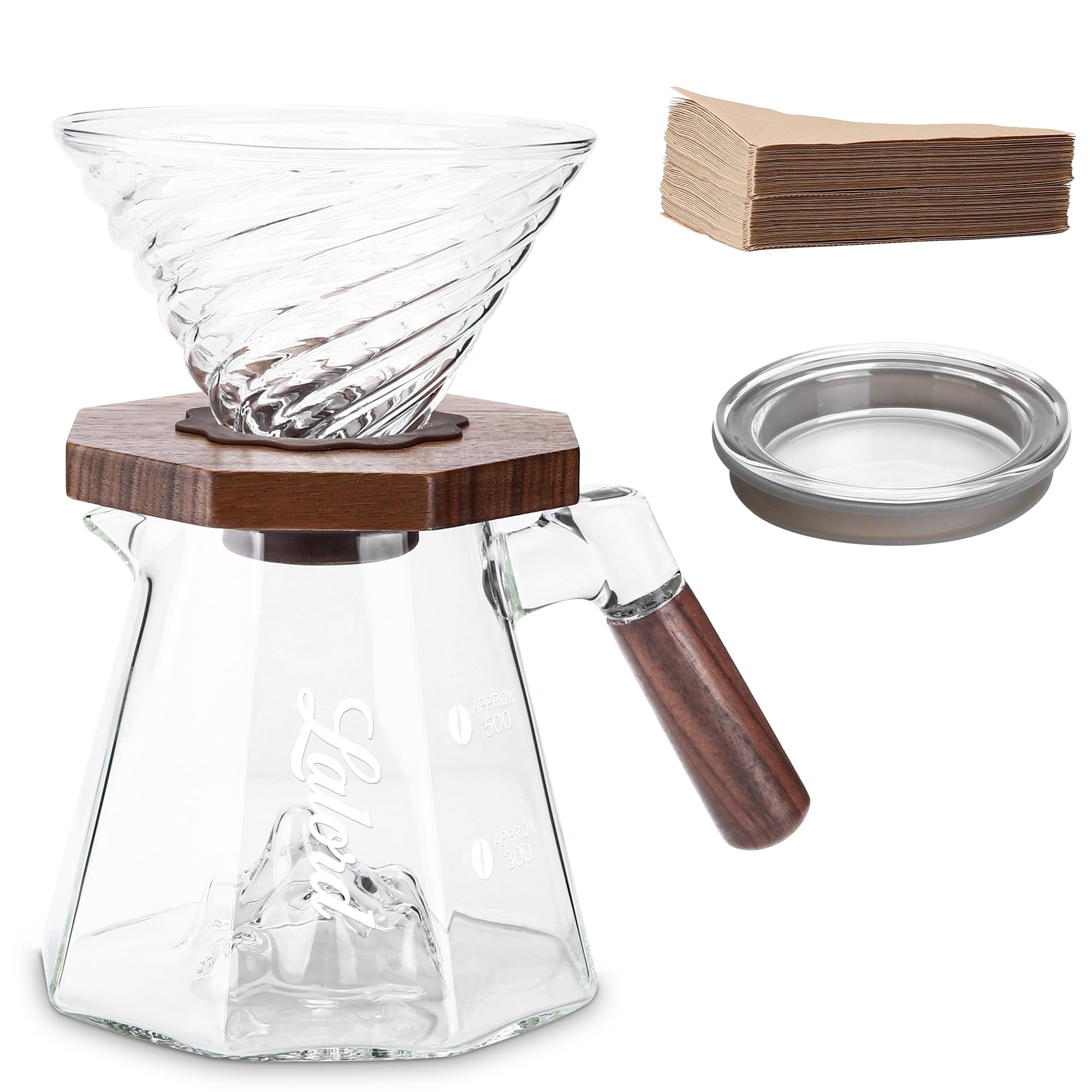 Lalord Pour Over Coffee Maker, 20 oz Borosilicate Glass Set with 100 pcs Paper Filter, Walnut Collar & Glass Lid, Drip Coffee Maker, 1-3 Cups, Clear (
