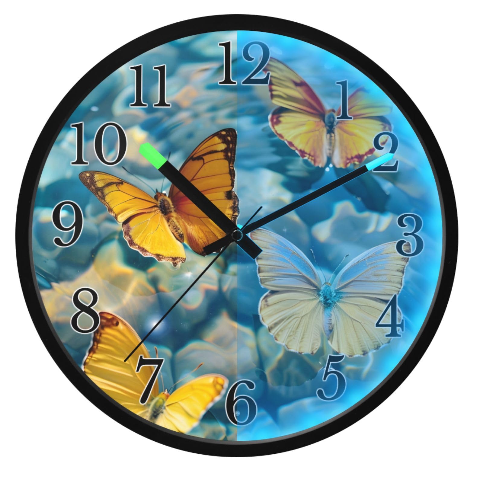 Mnsruu Reloj de pared luminoso con mariposas tropicales, color naranja, funciona con pilas, silencioso, brilla en la oscuridad, para sala de estar, cocina, 12 pulgadas