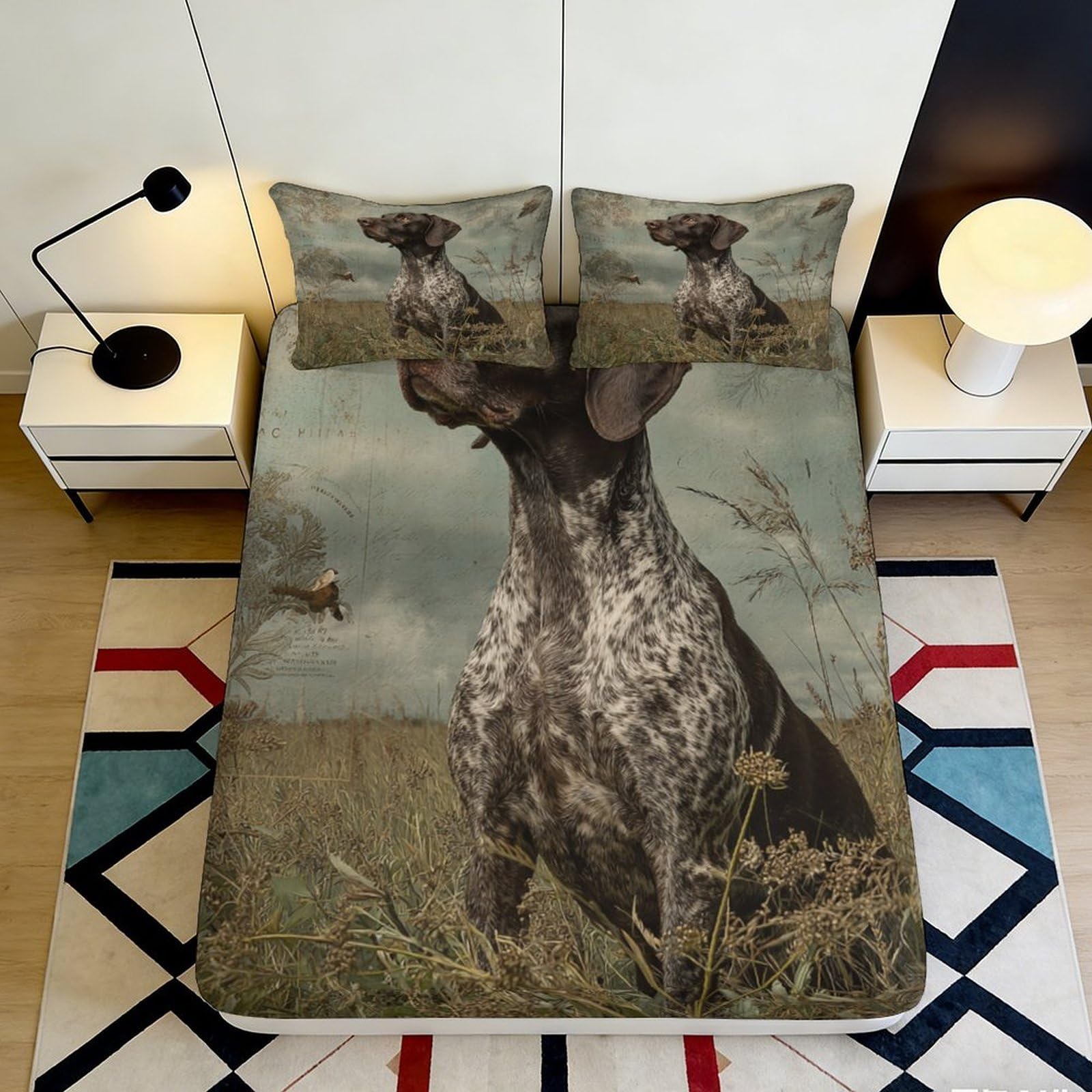 3D Printed Realistic Hunting Dog Fitted Sheet Microfiber Soft Breathable Nature Meadow Mattress Cover Bedroom Decor 90x200x25cm