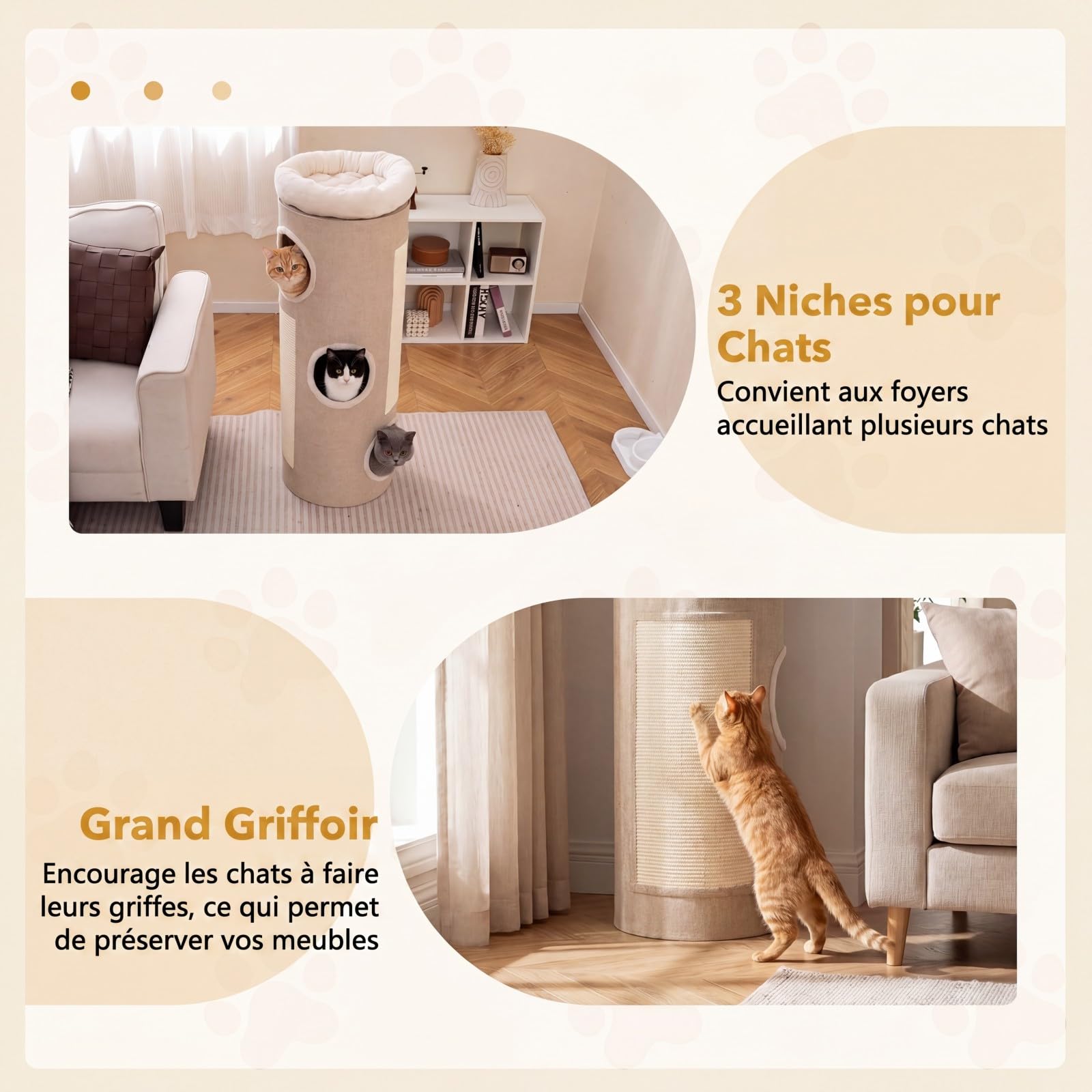 GYMAX Griffoir Dome 113cm avec Perchoir Souple, Tonneau à Griffer pour Chats, avec 3 Entrées, 2 Panneaux en Sisal à Gratter, Tissu Respirant, Matériau Intérieur Naturel