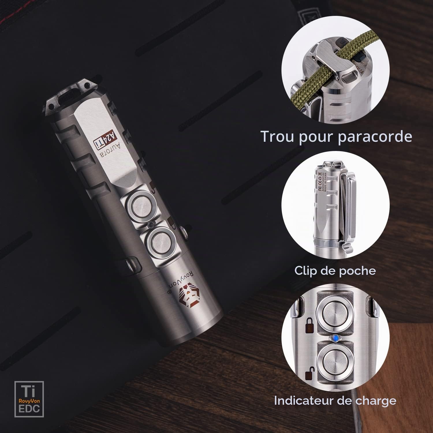 RovyVon Aurora A24 G2 Lampe de poche LED en titane 1000 lumens avec mode verrouillage, lampe torche EDC rechargeable, 7 modes, résistante à l'eau pour un transport quotidien, randonnée, camping