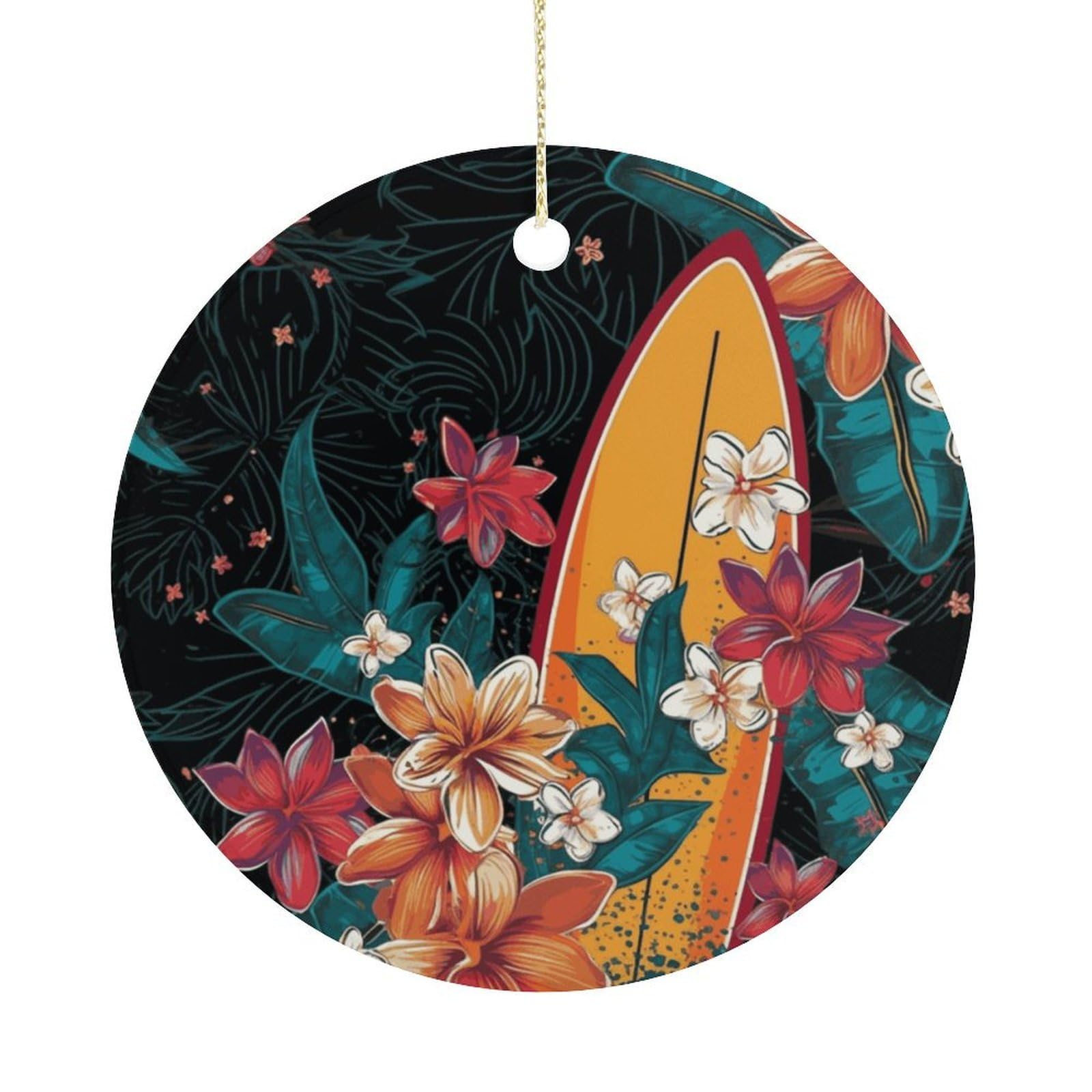 Surfboard and Flowers Christmas Ornaments Colorful Round Ceramic Ornament Christmas Hanging Decor Christmas Tree Decorations Xmas Keepsake for Women Men Xmas Holiday Party