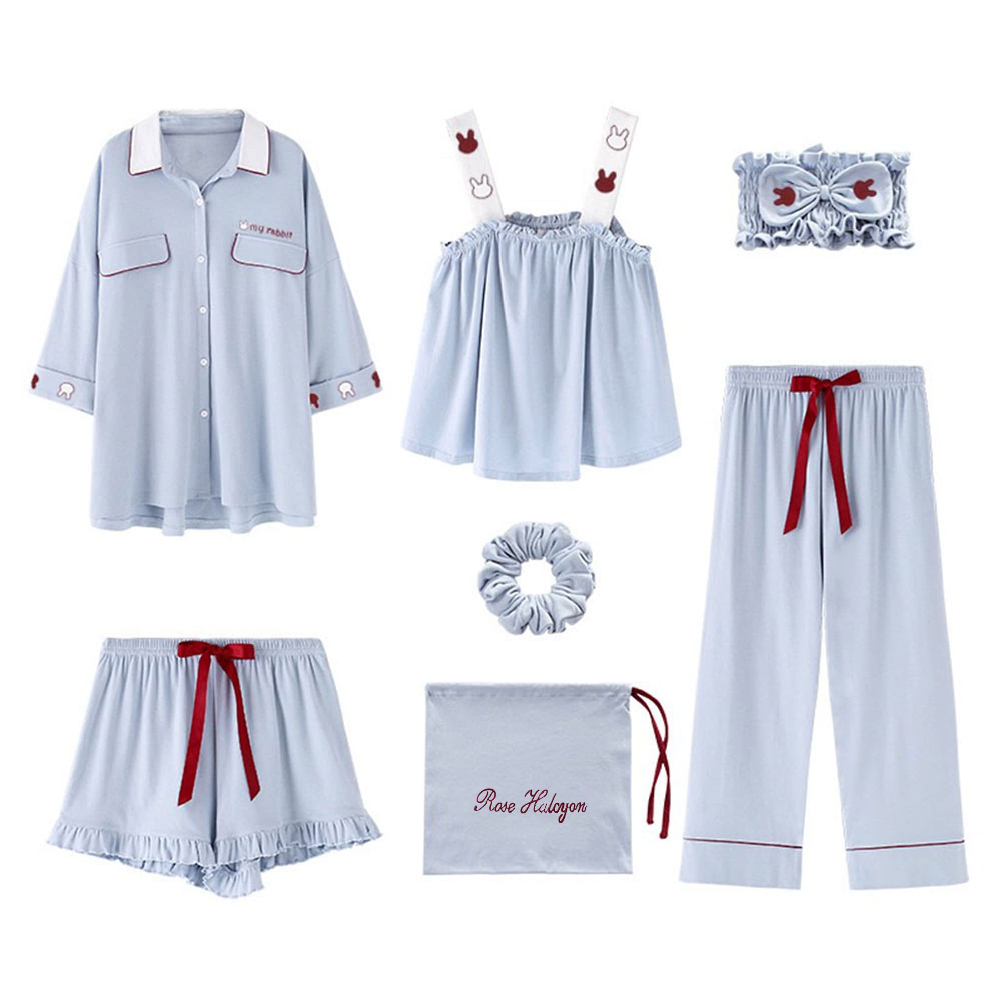 Rose Halcyon Women's Pajamas, Loungewear, Cotton 7-Piece Set, Cute, Long Sleeve, Pants, Camisole, Autumn, Spring, Summer - Medium - blue