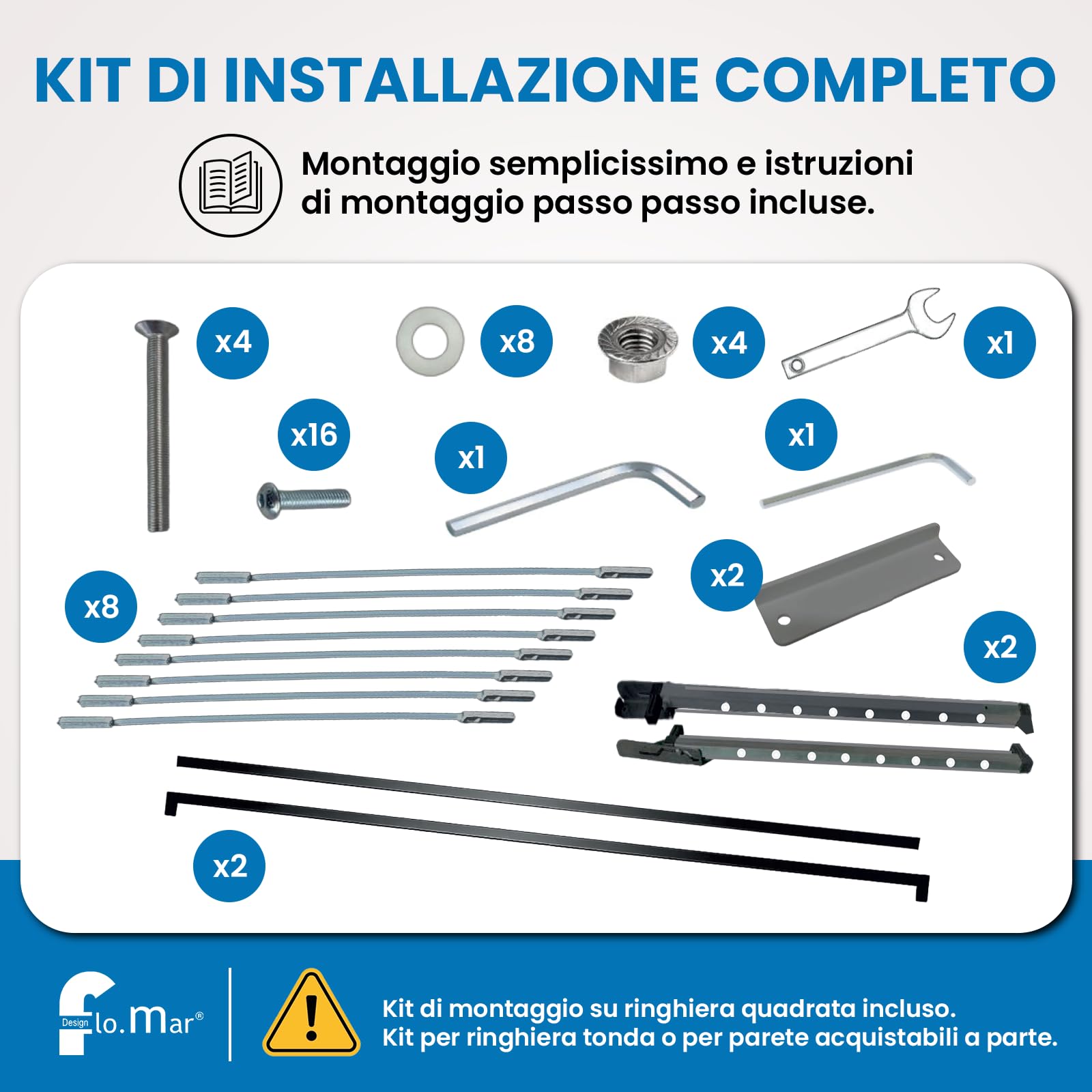 Flo.mar Stendino da Balcone e Parete 150x70 cm - Kit Montaggio Incluso - Stendibiancheria da Esterno Ribaltabile e Salvaspazio in Alluminio - 8 Cavi in Nylon - Stendipanni a Scomparsa (Flip)