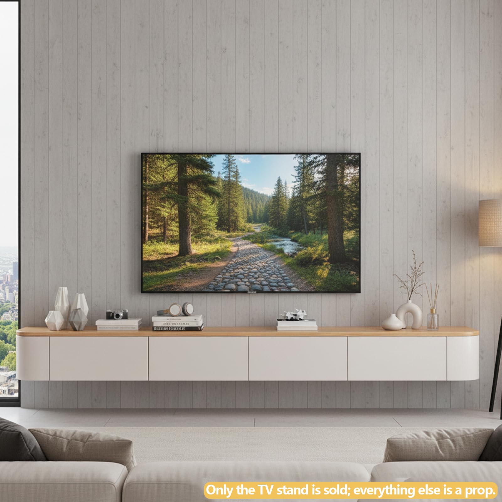 Mobile TV Sospeso da Parete Moderno in Legno con Cassetti e Ripiani, Mobile Porta TV Flottante per Soggiorno e Camera da Letto(Legno+bianco,140cm/55in)