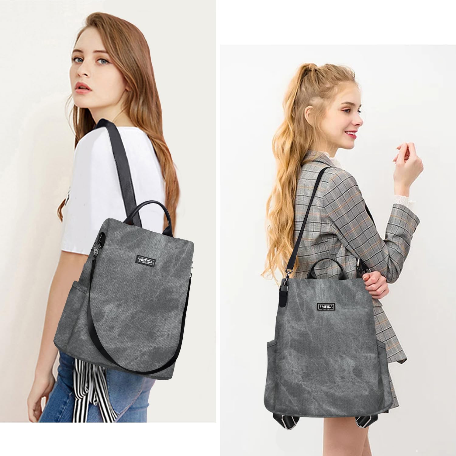 Fmeida PU Leather Backpack Purse for Women Anti Theft Backpack Convertible Fashion Travel Purse Grey