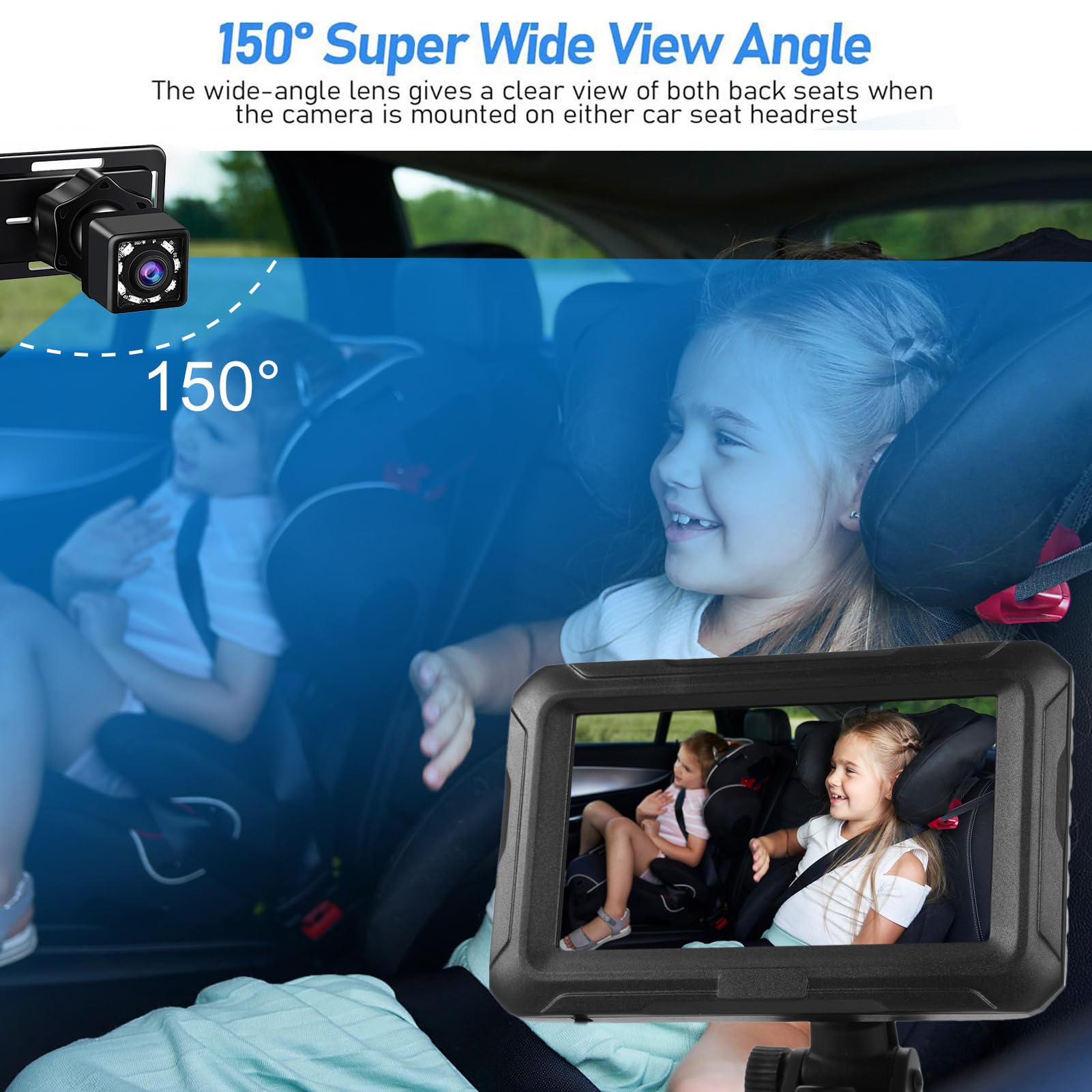 Cámara para Coche de Bebé, Espejo para Coche de Bebé 1080P de 4, 3 Pulgadas con Visión Nocturna, Rotación de 360°, Monitor de Bebé con Ángulo de Visión de 150° para Bebés, Niños (con cable USB)