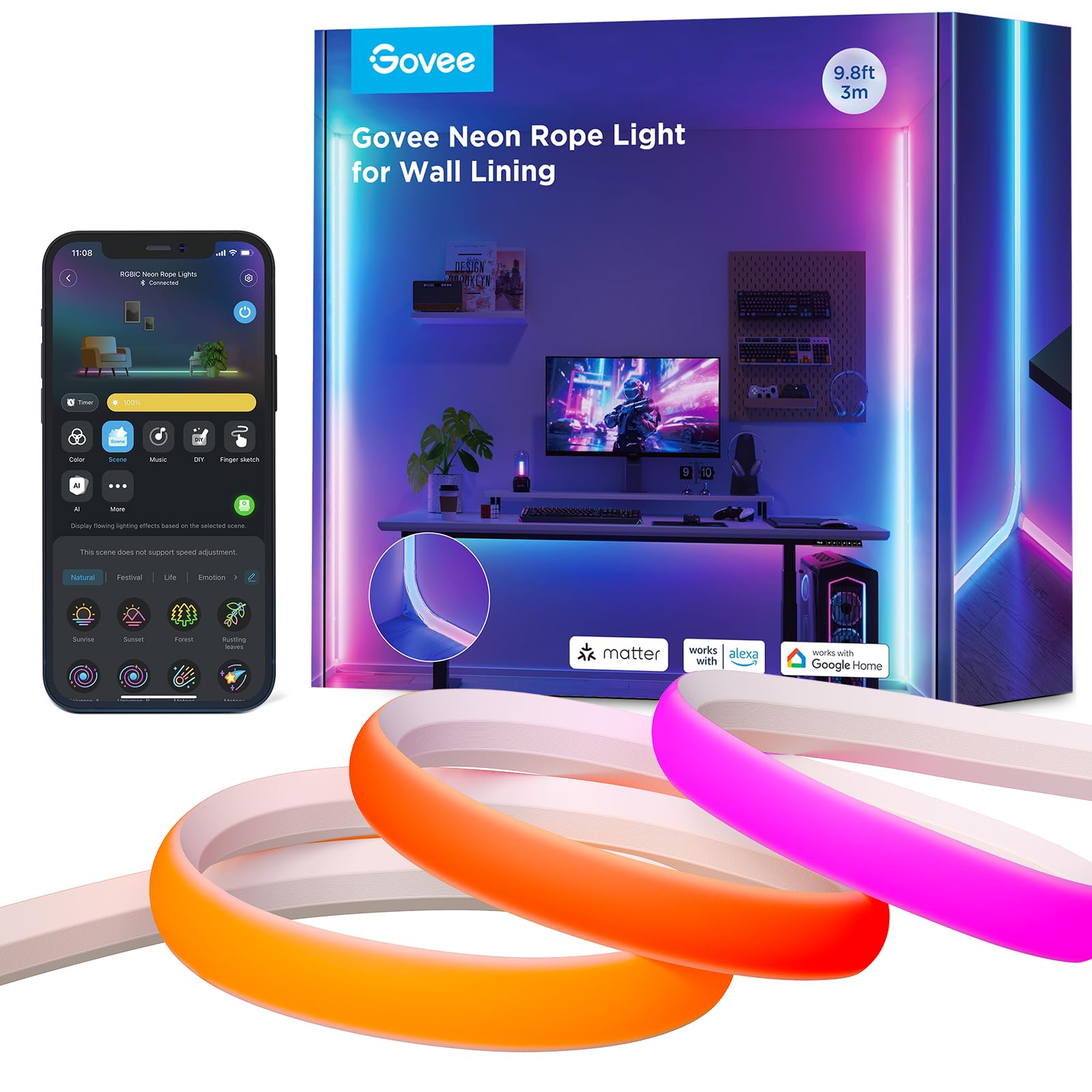 Govee RGBIC Neon LED Strip Light for Skirting Board, Work with Matter, 3M