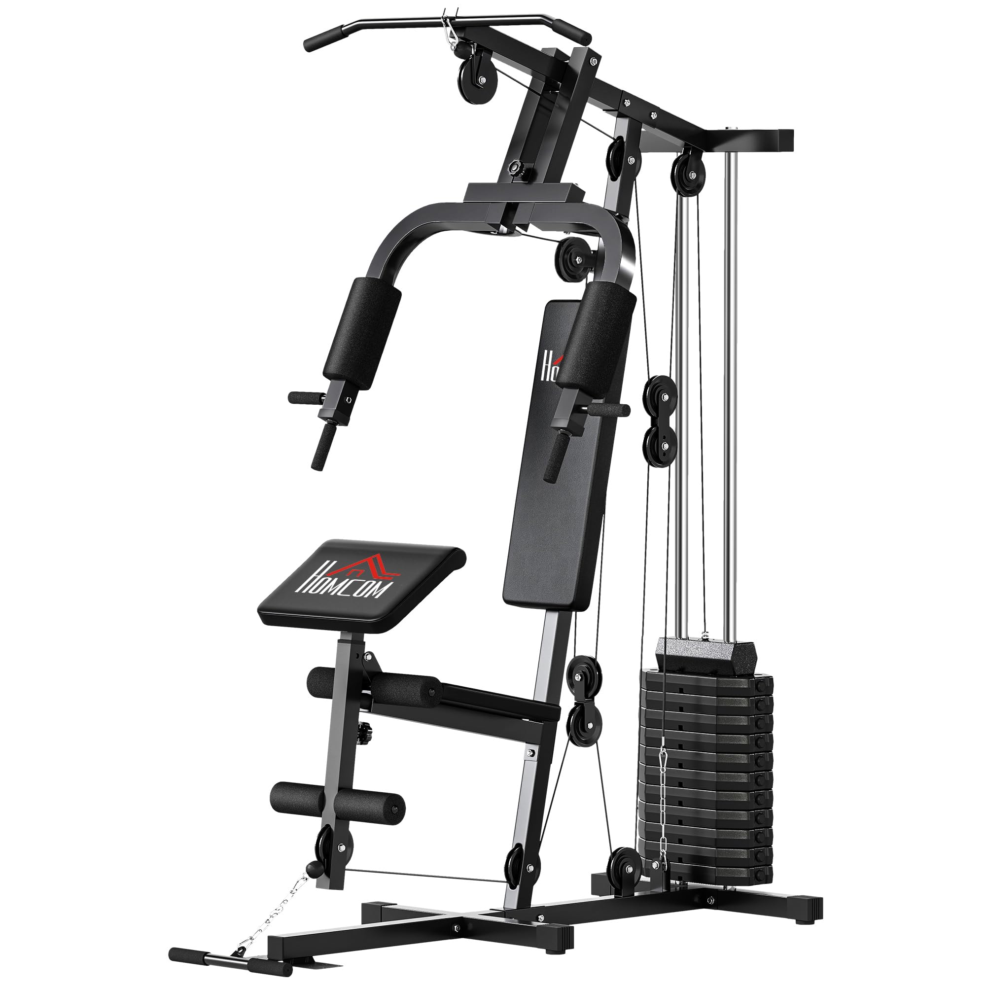 HOMCOM Station de Musculation Multifonction avec Stack de 65 kg, Double Poulie, Station de Développé Couché, Butterfly, Plateforme à Biceps & Développeur de Jambes, Noir