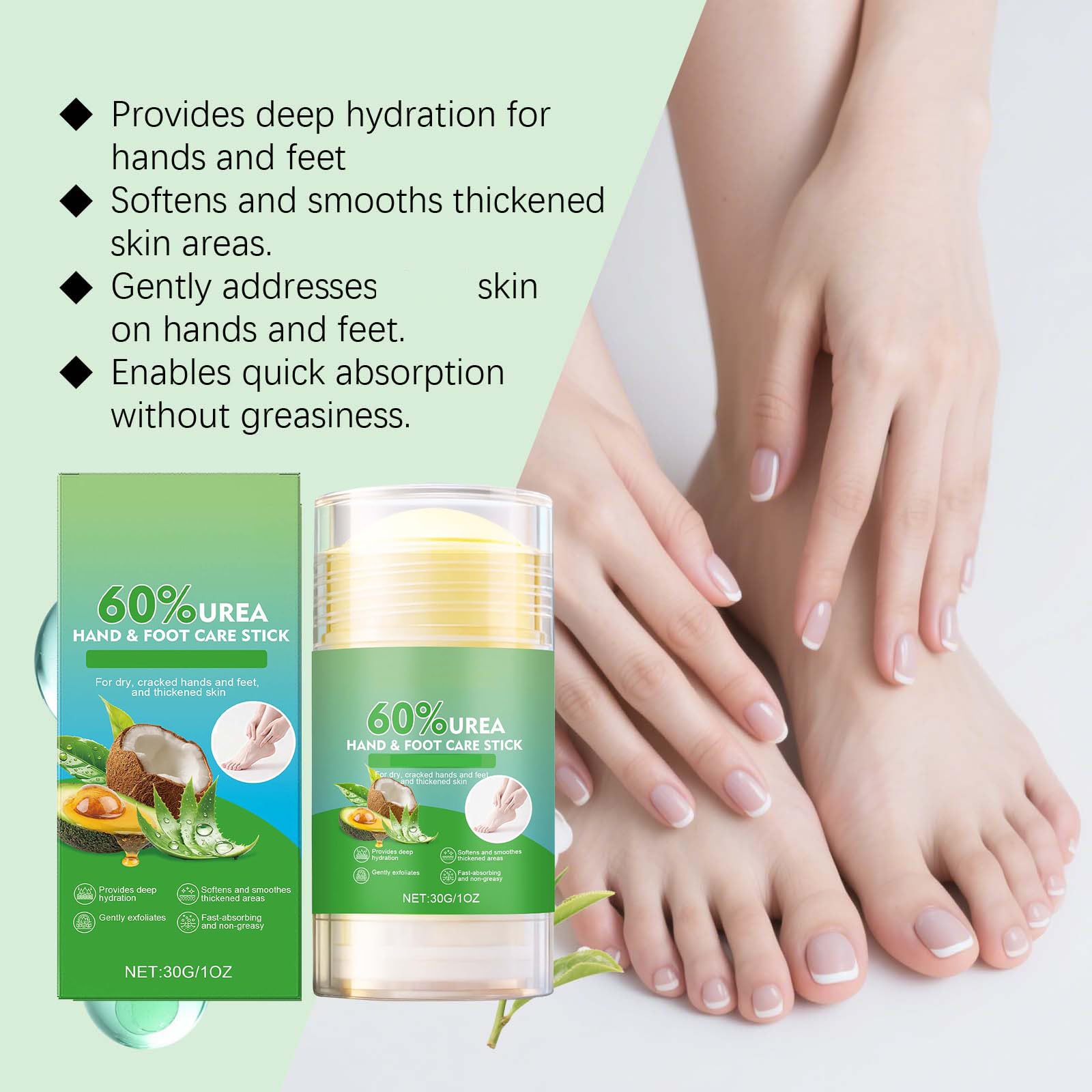 Crema para pies 60% de urea contra talones secos y agrietados, lápiz para pies de aloe vera, hidrata intensamente, exfolia suavemente, práctico lápiz de crema para pies para talones agrietados y piel