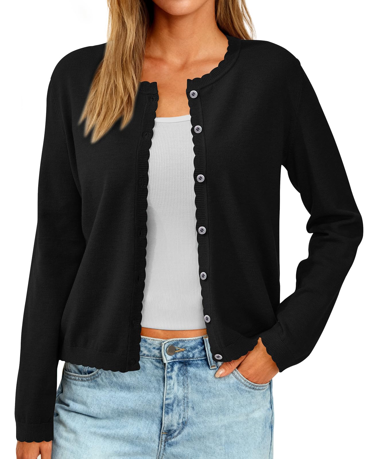 PRETTYGARDEN Long Sleeve Cardigan Sweaters for Women Lightweight Scalloped Ribbed Knit Sweater Women Fall Clothes 2025