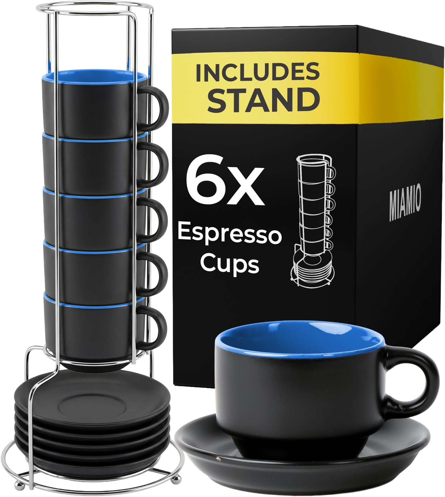 MIAMIO - 6 x 75 ml Stoneware Espresso Mug/Cup Set Outside Black Inside Colourful (Blue)