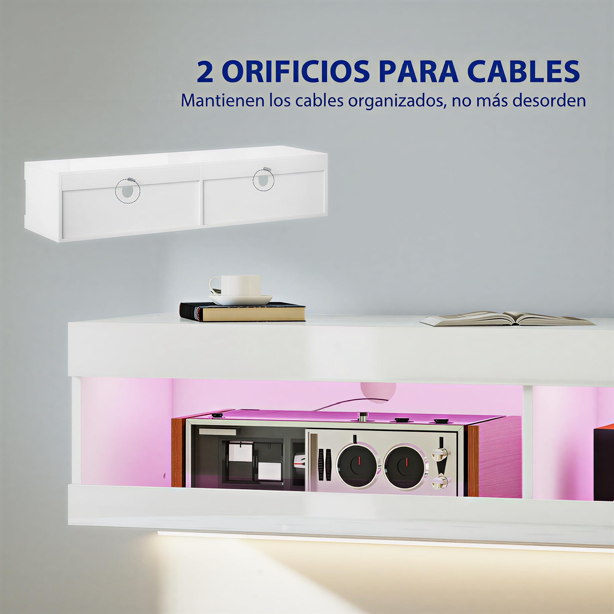 HOMCOM Mueble de TV Suspendido con Luces LED, Compartimentos y Orificios Pasacables, Mueble de TV para Salón con Control Remoto para Televisión 55-60 Pulgadas, 140x40x30 cm, Blanco Brillo