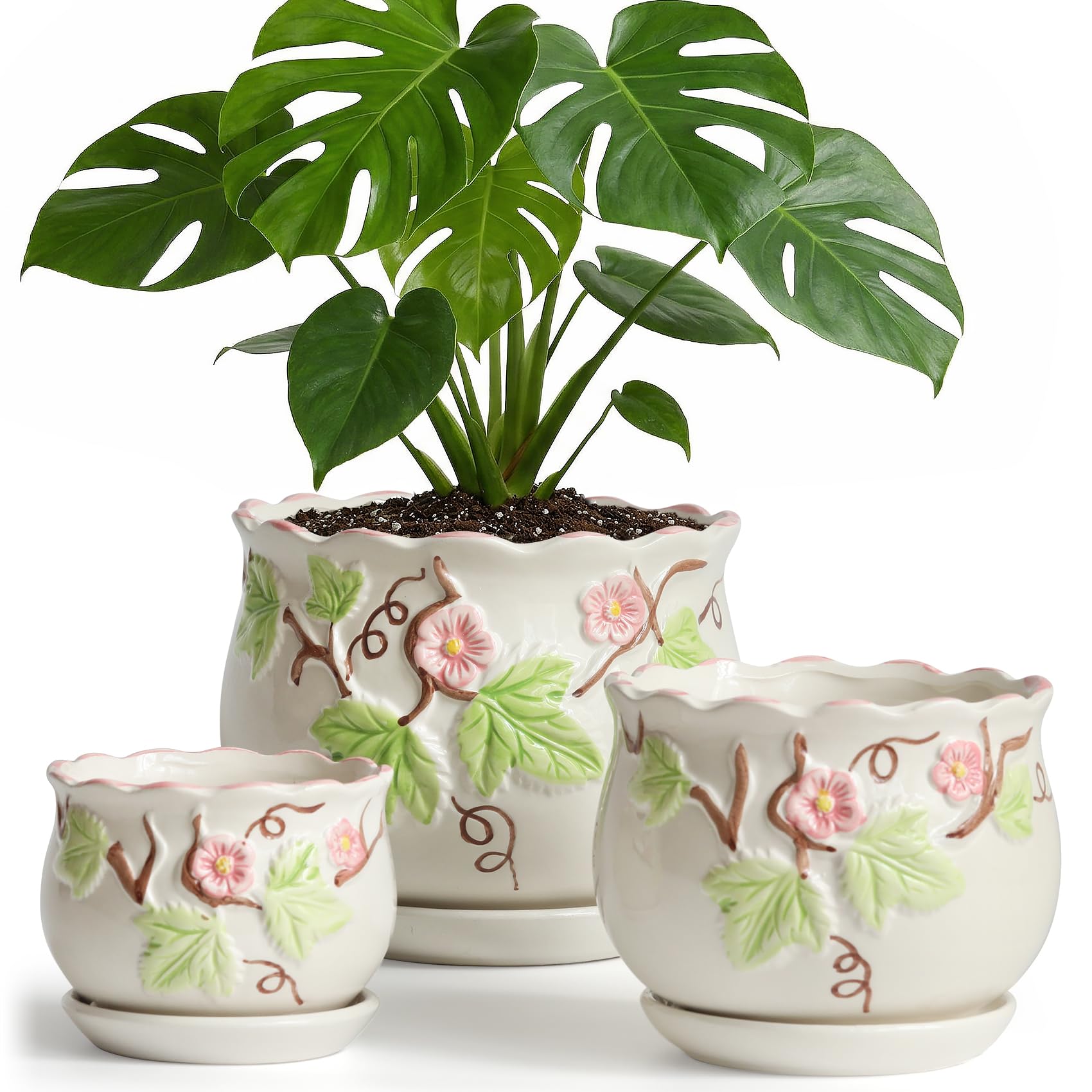 Ceramic Plant Pots with Drainage Holes and Saucers, Small Planters Set of 3