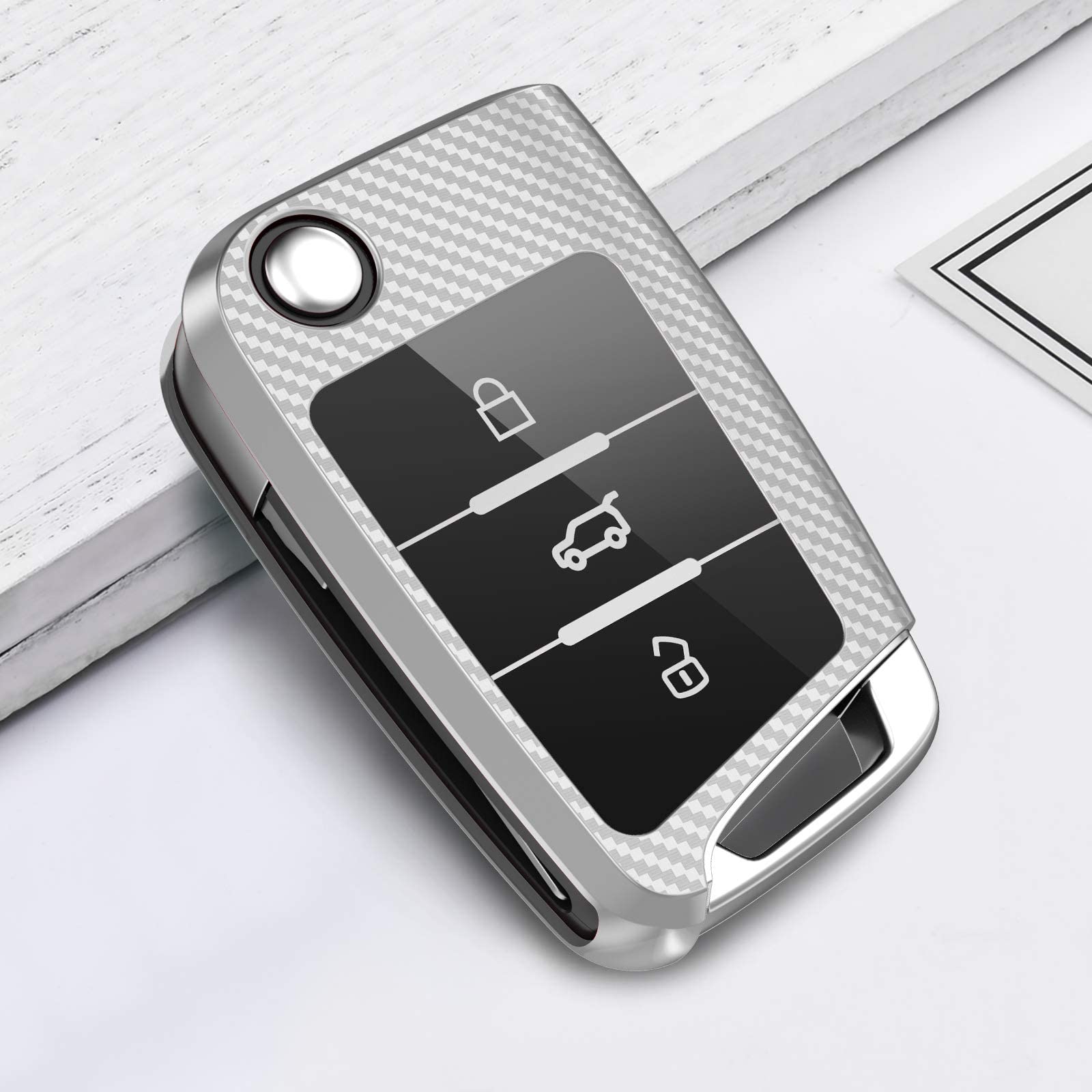 OATSBASF Car Key Cover Compatible with VW,Car Key Case for VW Golf 7 Polo Skoda Seat TPU Silicone 3 Buttons Box (Silver-Stripe) — view 4