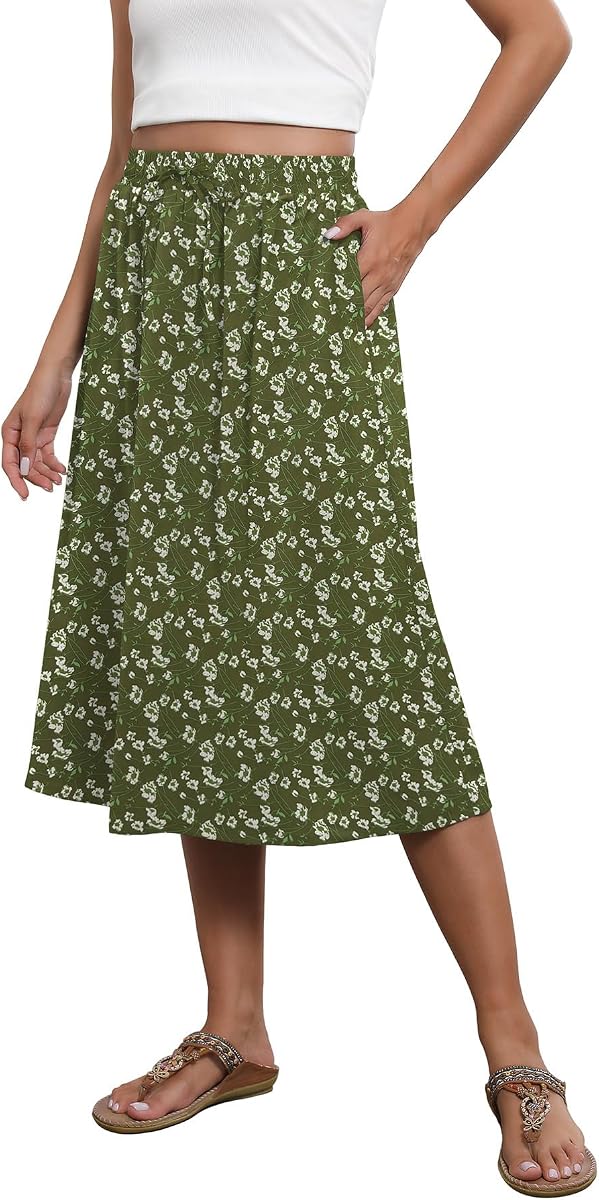 Witsmile Floral Midi Skirts Summer Pleated High Waisted Casual Skirts Below Knee with Pockets(TF Green,S)