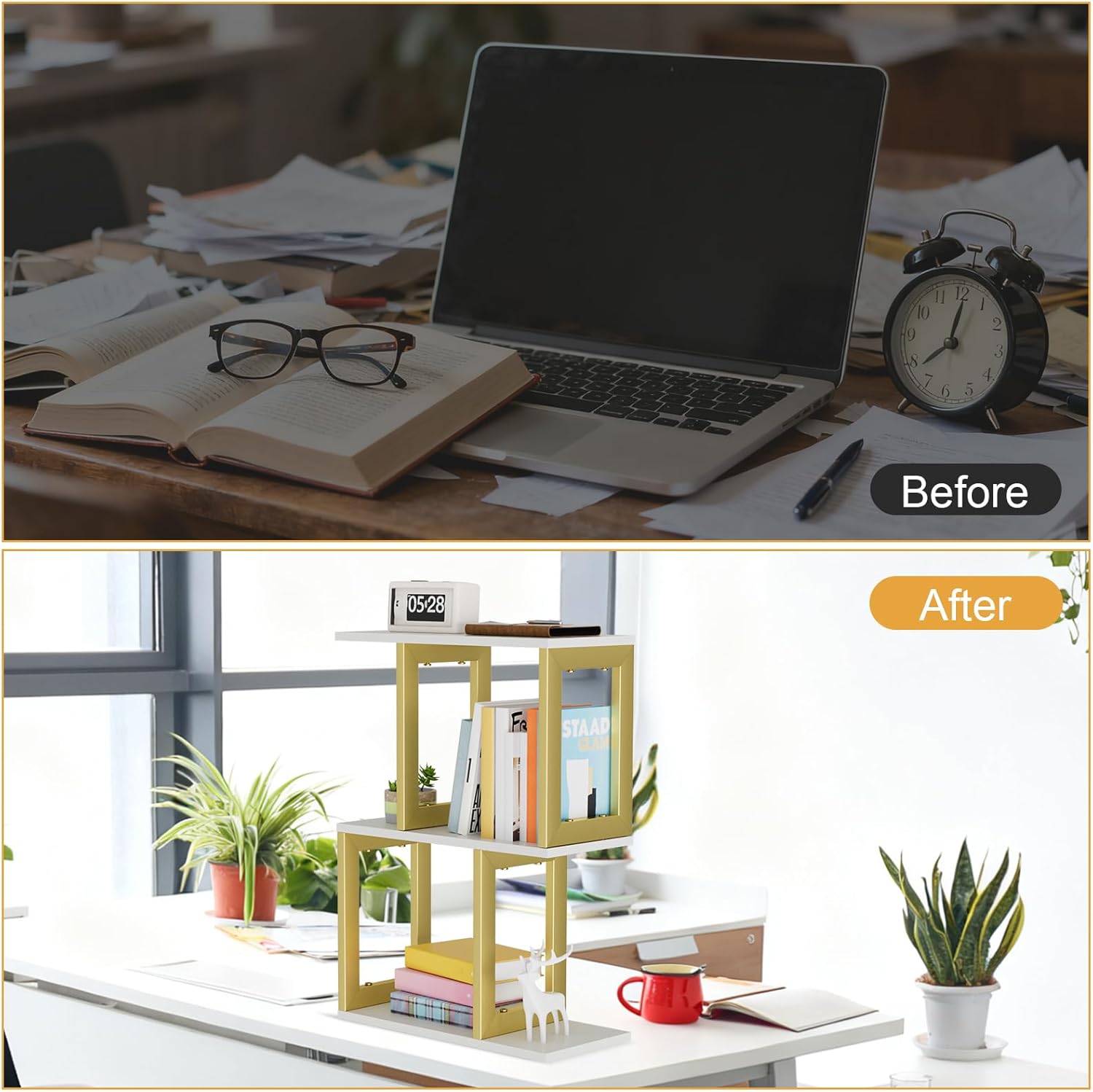 BOHDK Book Shelf, 3-Tier Small Bookshelf for Desk Organizer Corner Bookshelf Table Top Shelving, White & Gold Decor Aesthetic Desk Hutch for Office Home Dorm