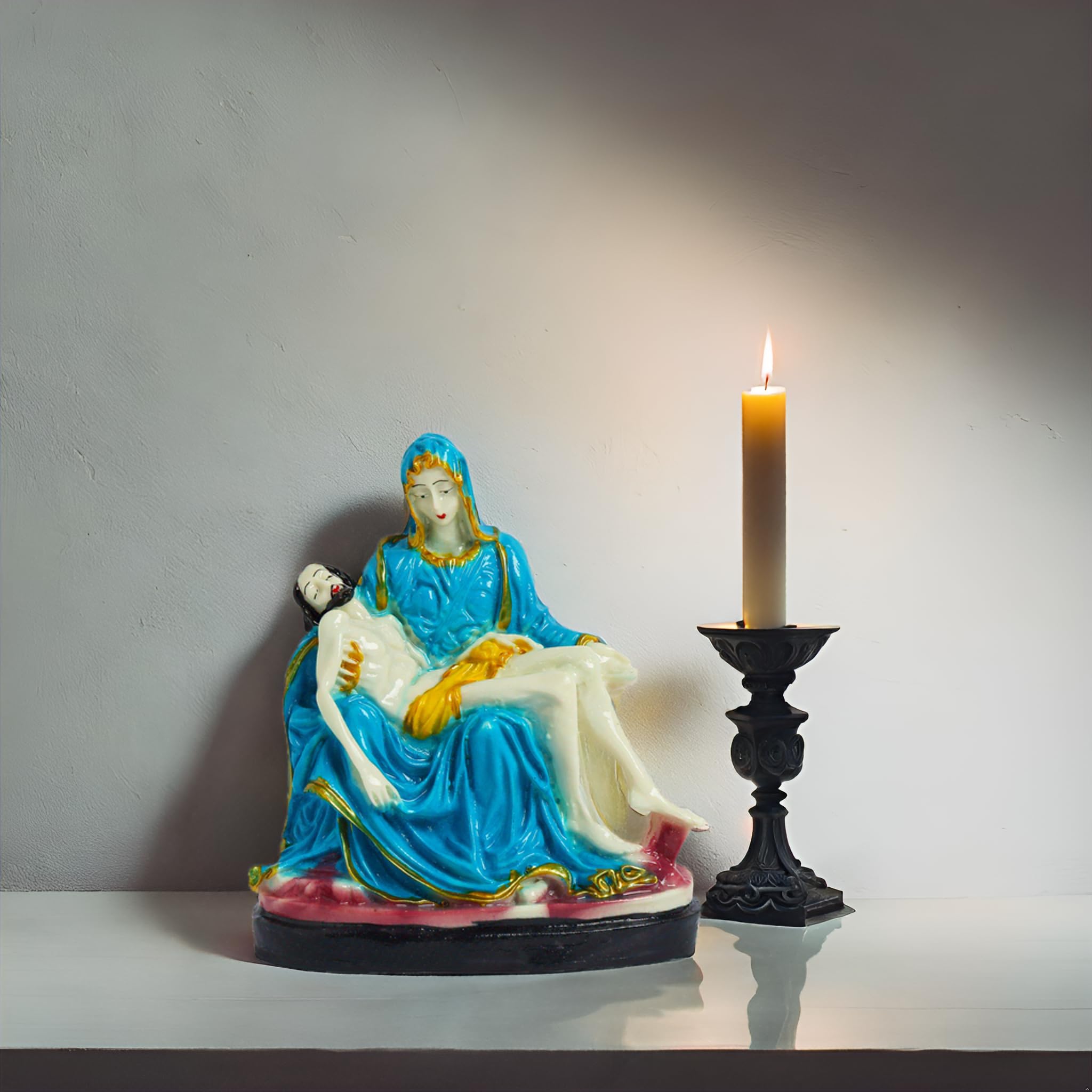 RKONECT® Blue Polyresin Mother Mary with Jesus Religious Showpiece Statue Sculpture for Home Office Shop Chruch Size 14.5 Length x 5 Width x 17.5 Height Cm (Multicolor, Pack of 1)