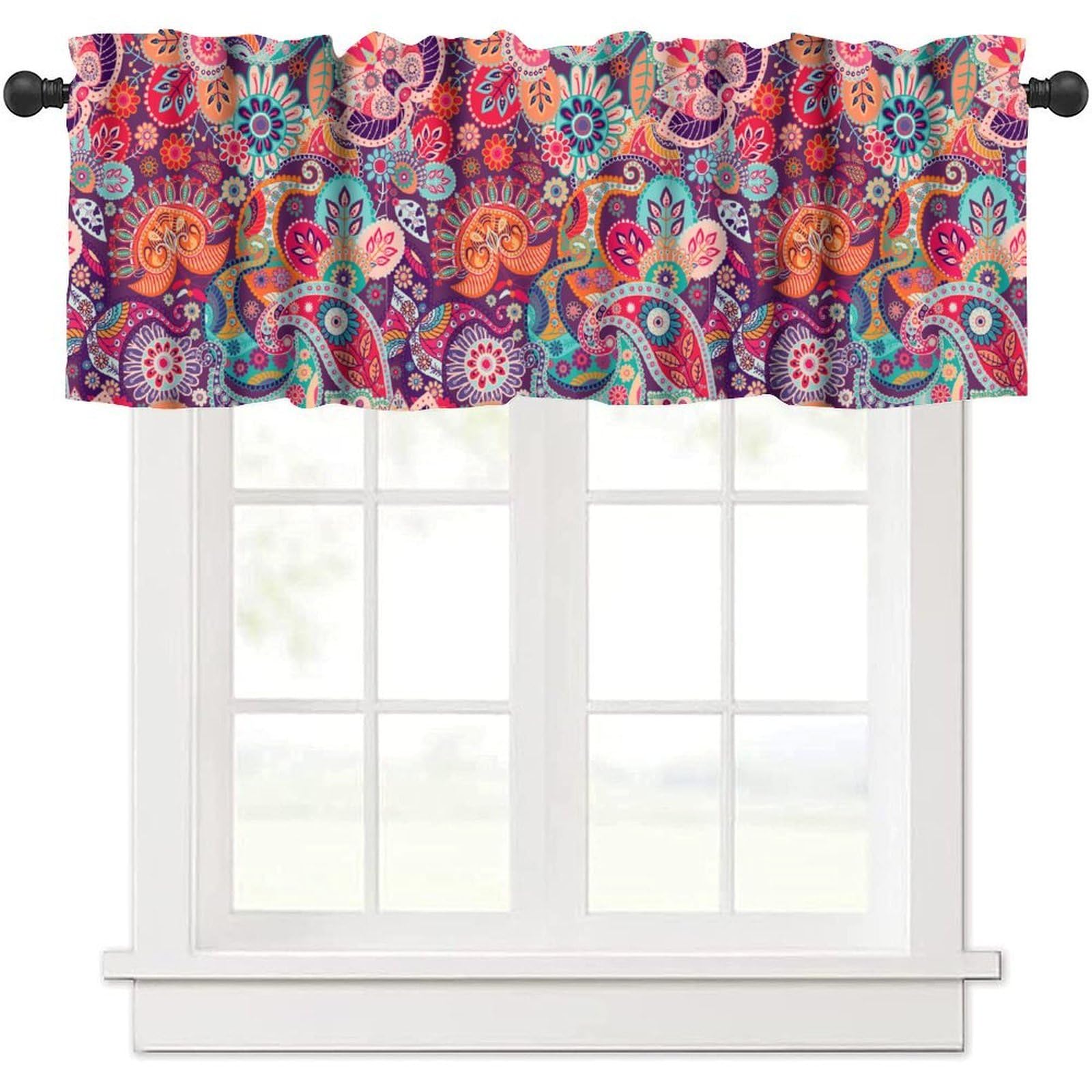 moderw Vintage Colorful Paisley Window Valance Curtains Boho Folk Floral Ornament Ethnic Flower Seasonal Window Treatments Curtain Valance for Farmhouse Kitchen Bedroom Living Room 54x18inch