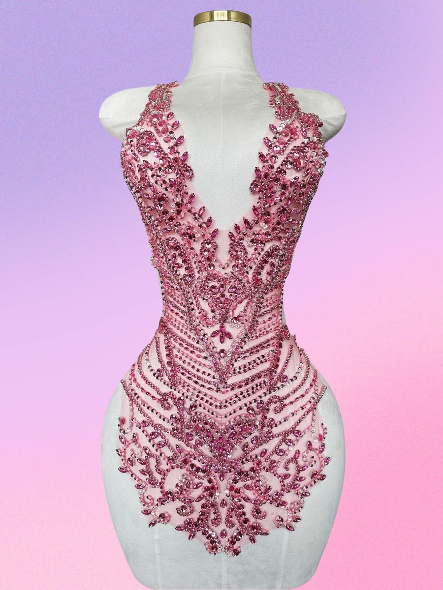 Handmade Rhinestones Large Bodice Applique Glass Stones Beads Bright Crystal Lace Patches Accessories for Weding Dress Decorations (Pink)