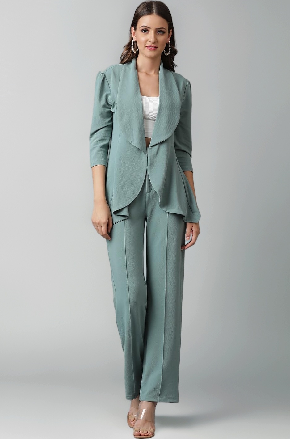 Women's Solid Relaxed Fit 3/4 Sleeve Co-ord Blazer and Trouser Set.