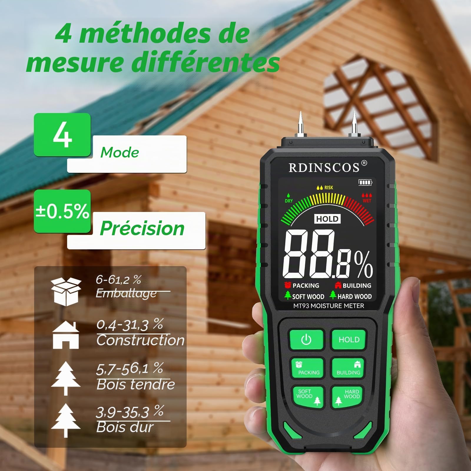 Testeur Humidité,RDINSCOS Détecteur Humidité Rechargeabilité Humidimetre Bois à Broche avec 4 Modes Testeur d'humidité pour Murs,Bois,Maçonnerie,Béton