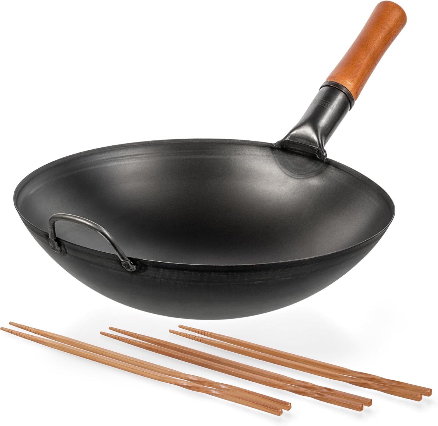 YOSUKATA Carbon Steel Wok Pan - 14 “ Woks and Stir Fry Pans + Reusable Natural Wooden Long Cooking Chopsticks Set of 3 pairs: 11.8 inch, 13-inch, 14.2 inch