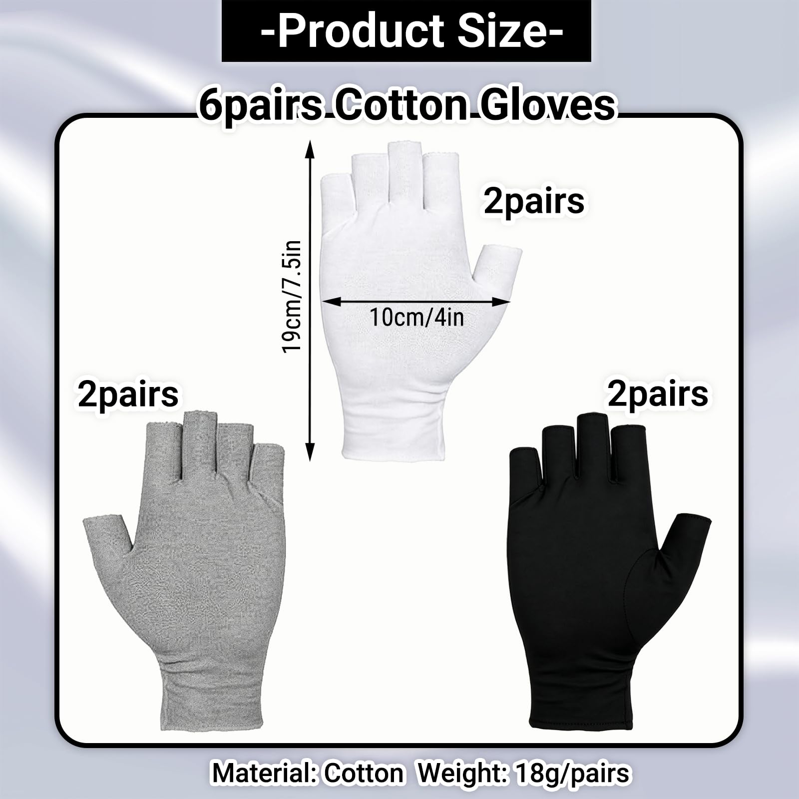 Guanti Senza Dita in Cotone 6 Paia, Nero Bianco Grigio, Guanti Idratanti da 19 x 10 cm per Cura Mani Notte, Protezione UV Unghie, Spa, Sonno e Comfort Quotidiano