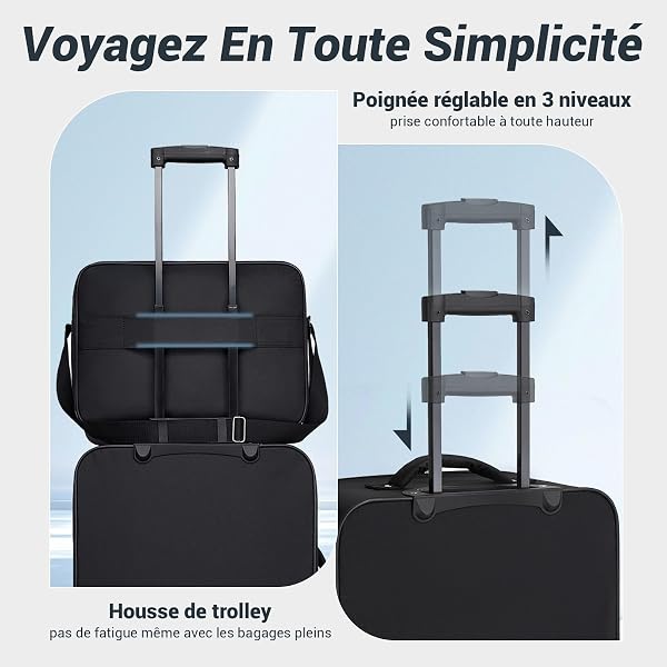 Set of 3 Soft Travel Suitcases 55 cm with 40 cm Sports Travel Bag and 25 cm Toiletry Bag, Black, Suitcases - 4