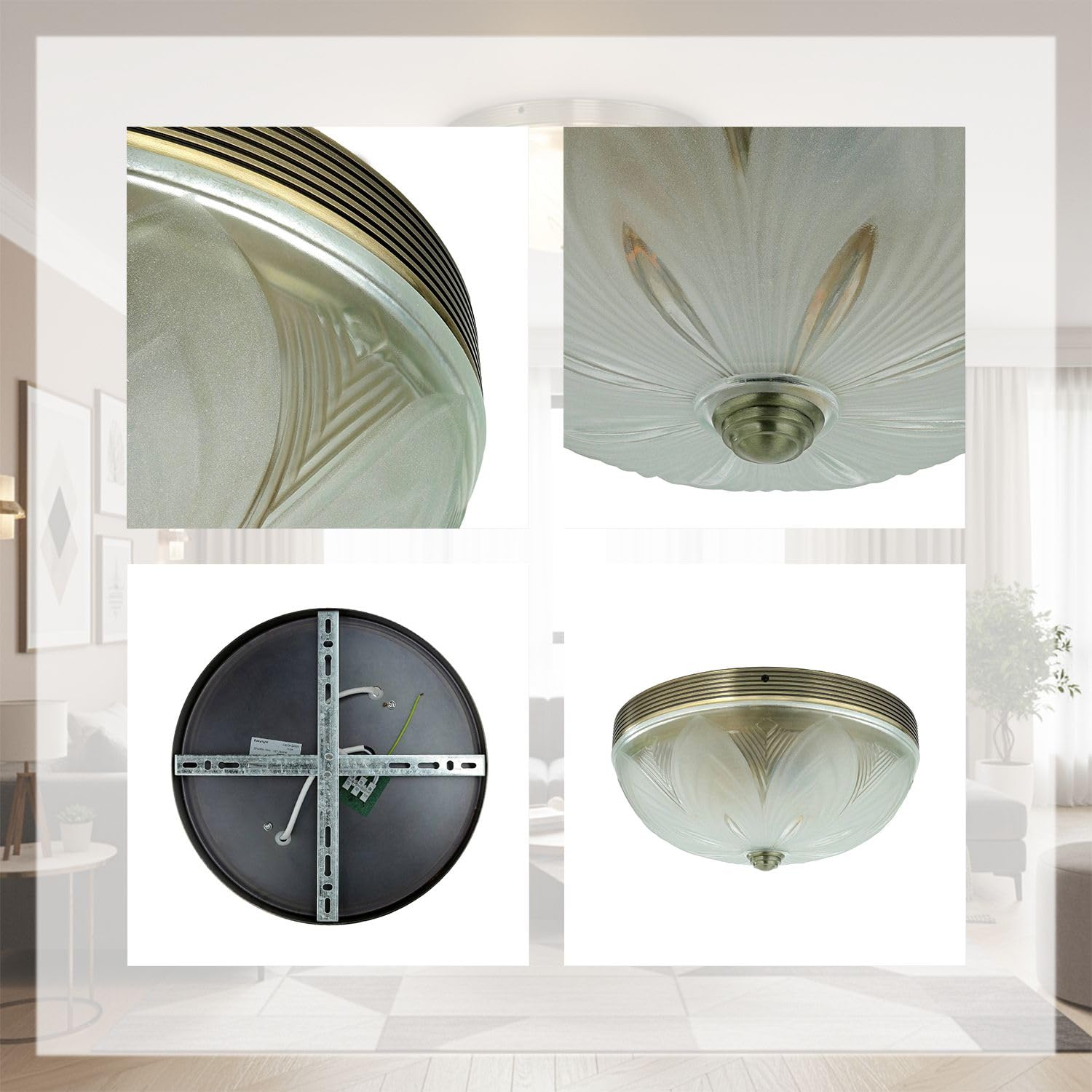 Licht-Erlebnisse Deckenleuchte Jugendstil Messingoptik rund, 2 x E27, Glas, Durchmesser 30 cm, Deckenlampe für Wohnzimmer Flur Schlafzimmer Esszimmer