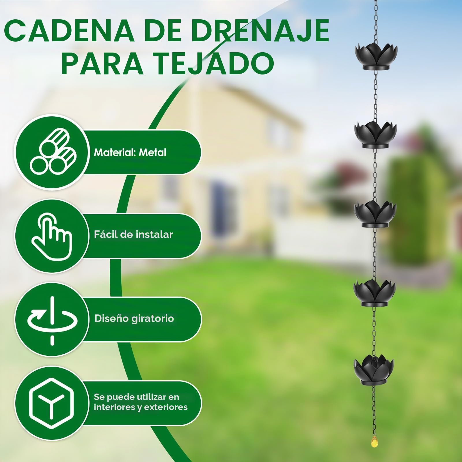 Cadena para la lluvia, para canalones, con gancho en S, cadena de drenaje, longitud ajustable, cadena de lluvia con imitación de nenúfares, para exteriores, casa, decoración de jardín (negro)