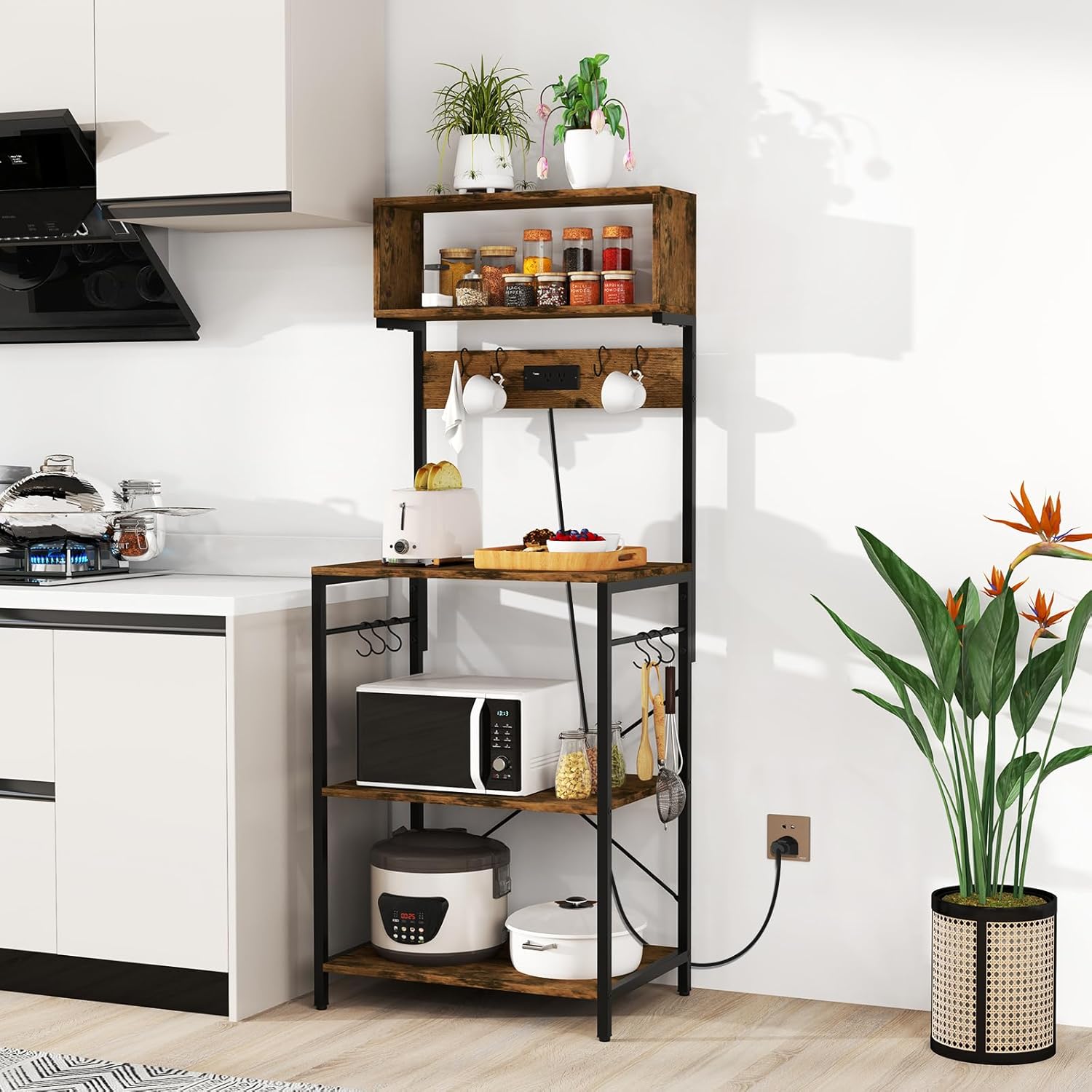 Bakers Rack with Power Outlet, 5-Tier Microwave Stand with Open Storage Shelves & 10 S Hooks, 60”H Farmhouse Coffee Bar for Kitchen Spice Organizer, Entryway, Workstation, Living Room