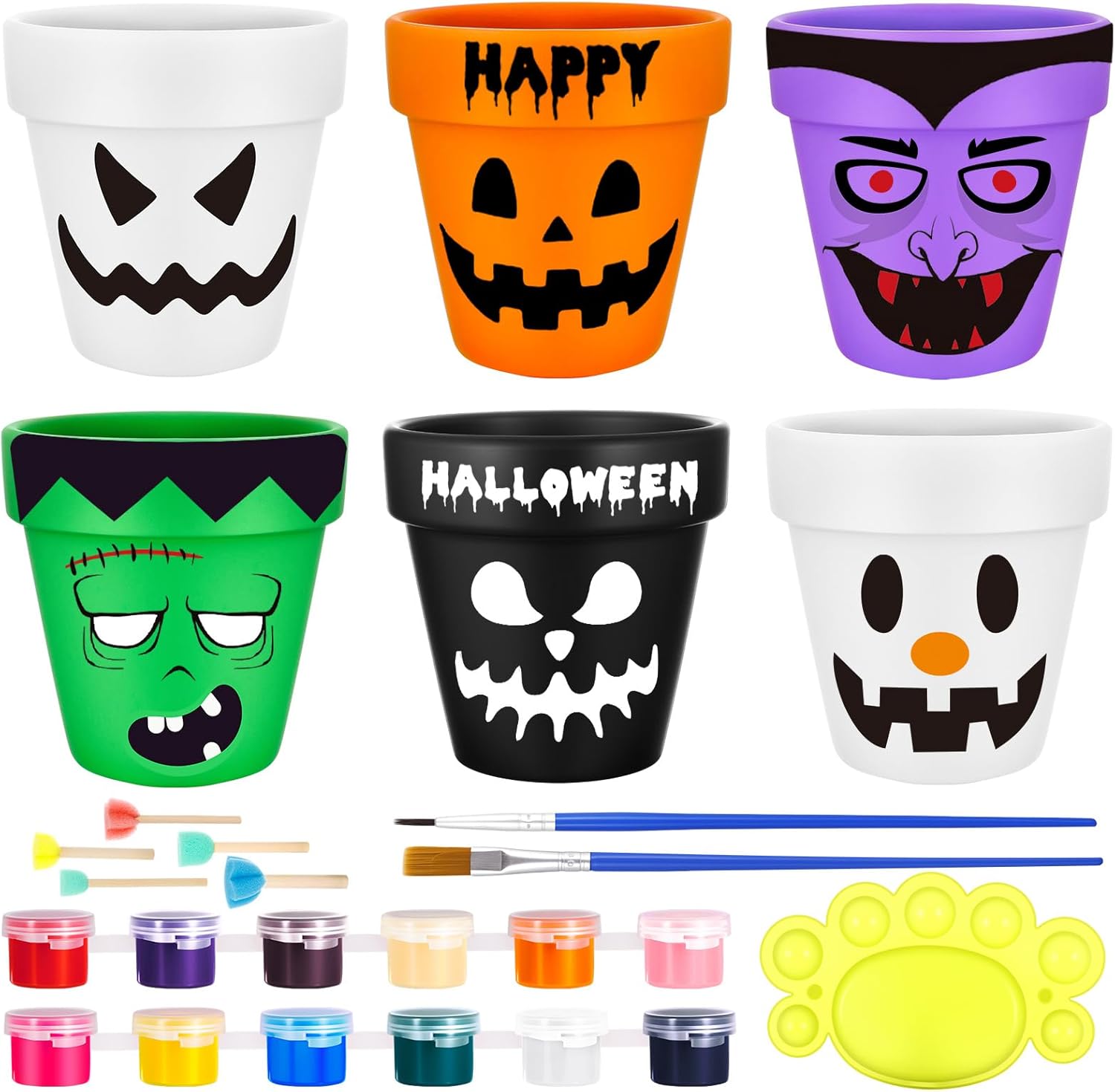 6 Pcs Halloween Ceramic Succulent Pots for Painting Kits-5 Colors Unpainted Ceramics to Paint Craft Kit Paint Your Own Ceramic Terracotta Pots DIY Halloween Crafts for Kids,Adults, Plant,Party Decor