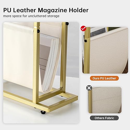 Miniatura 5 de Mesa auxiliar estrecha con revistero de piel sintética, moderna y delgada para sala de estar, dormitorio, sofá, color blanco