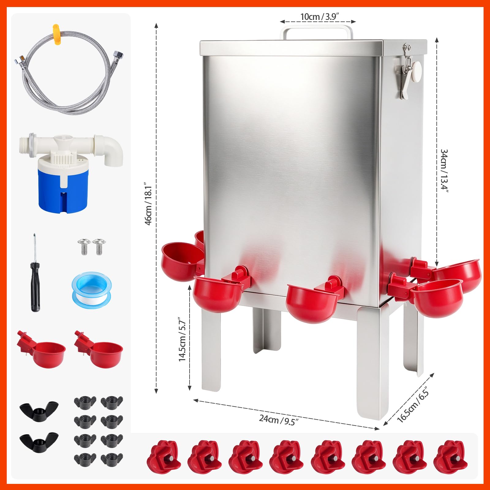 Bebedero AutomáTico para Gallinas de Acero Inoxidable 11 L | Bebedero para Aves con Cuenco de Agua, Soporte de Suelo y Manguera de ConexióN, Ideal para Gallinas, Codornices y Patos
