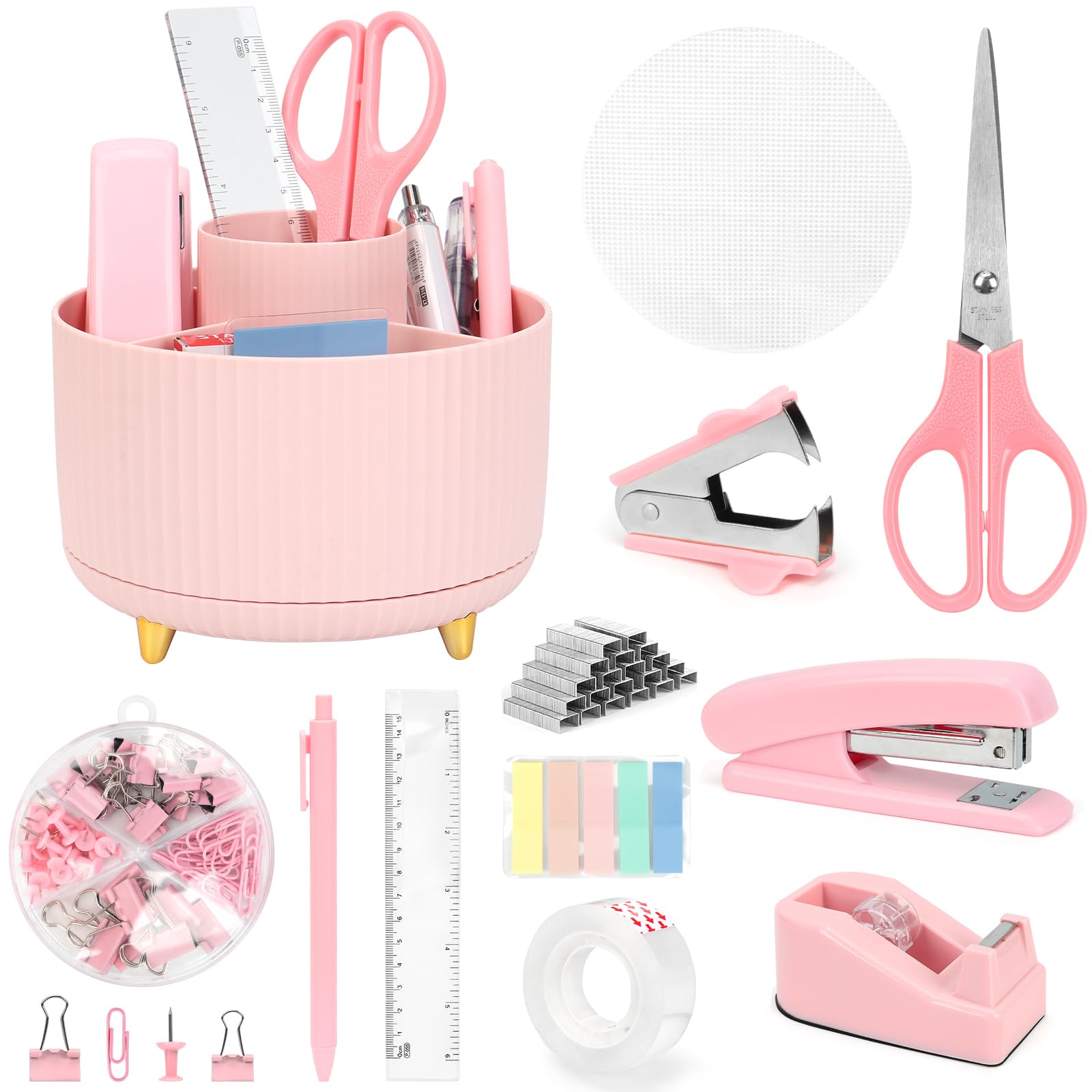 Hebaogugu Office Accessories, Pink Office Supplies with Pen Pot, Stapler and Stapler Set, Tape Dispenser for School, Practical Stationary Set with Scissor, Ruler, Color Tabs for Teacher, Students