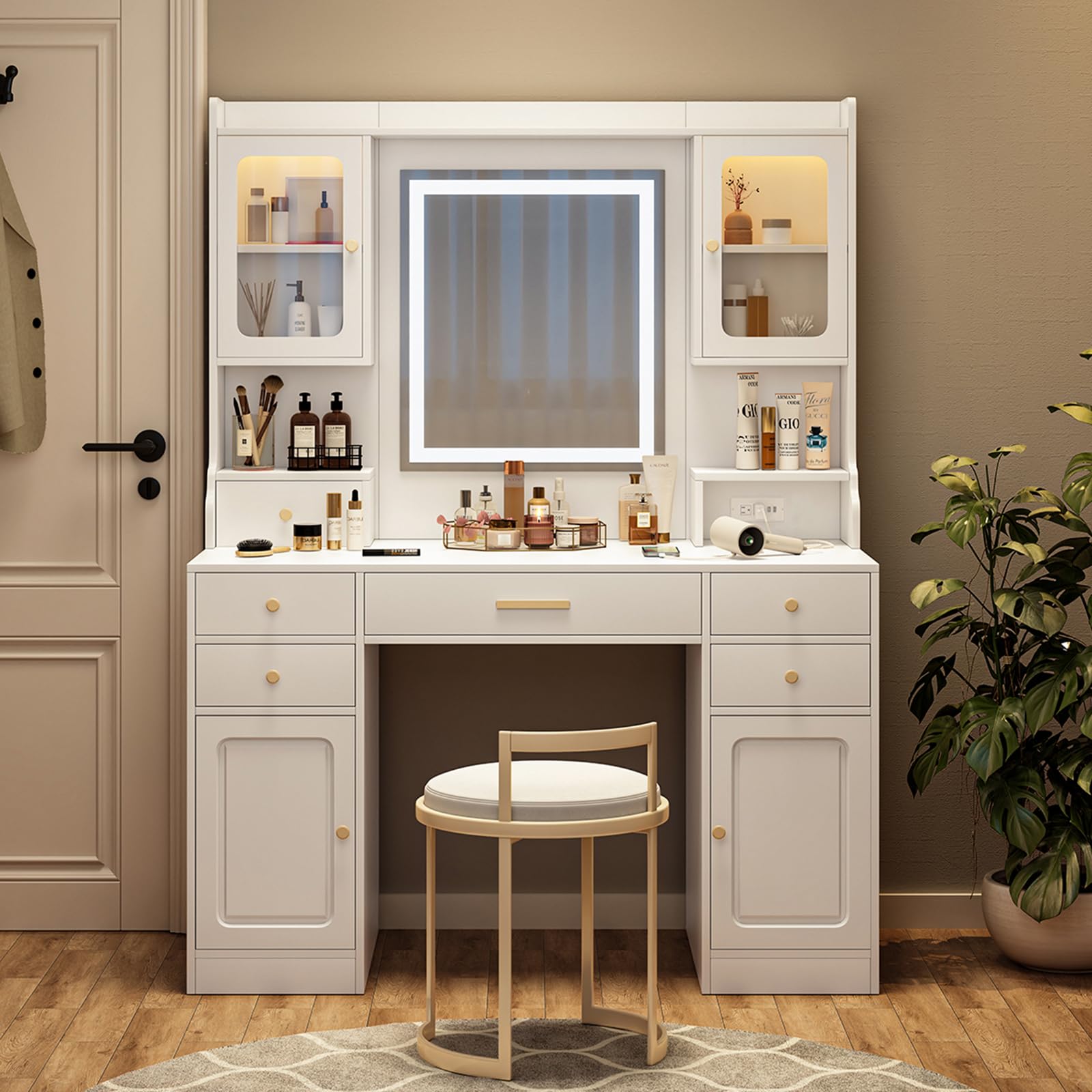 Legendstone Makeup Vanity Desk with Mirror and Lights, Vanity Table with 6 Storage Drawer & 4 Cabinets, 3 Lighting Colors, Adjustable Brightness White