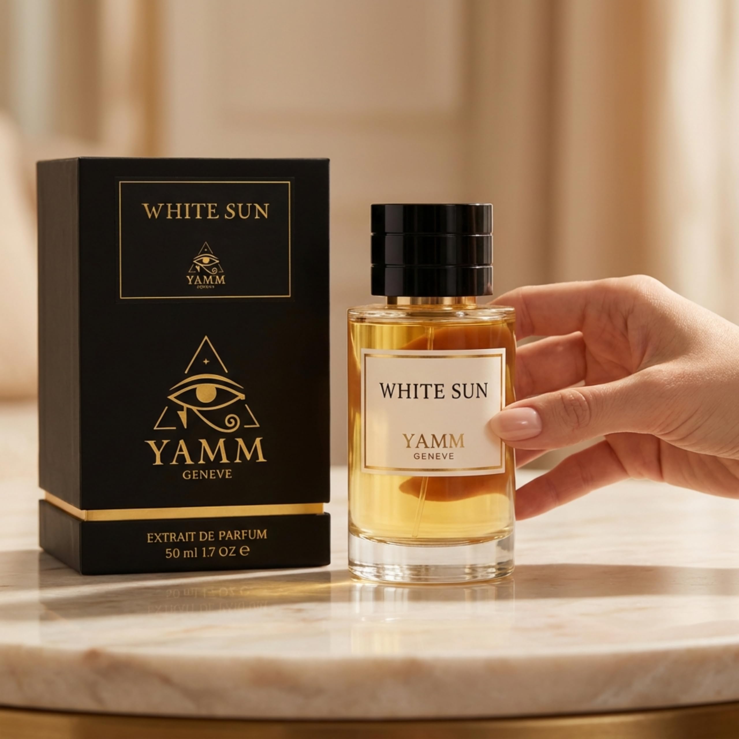 White Sun – Extrait de Parfum Mixte – Pistache & Coco – 50 ml | Accord floral solaire riche et crémeux, à la tenue durable, avec pistache, fleurs blanches, coco et ambre.