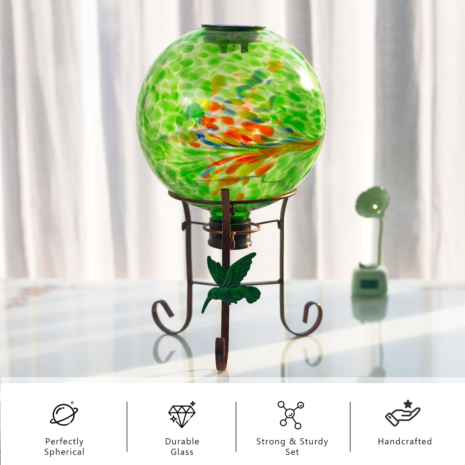 Sfera di vetro solare da 25,4 cm, con supporto in metallo alto 23,9 cm, espositore per luci a sfera solare, per esterni, giardino, prato, cortile, decorazione artistica verde
