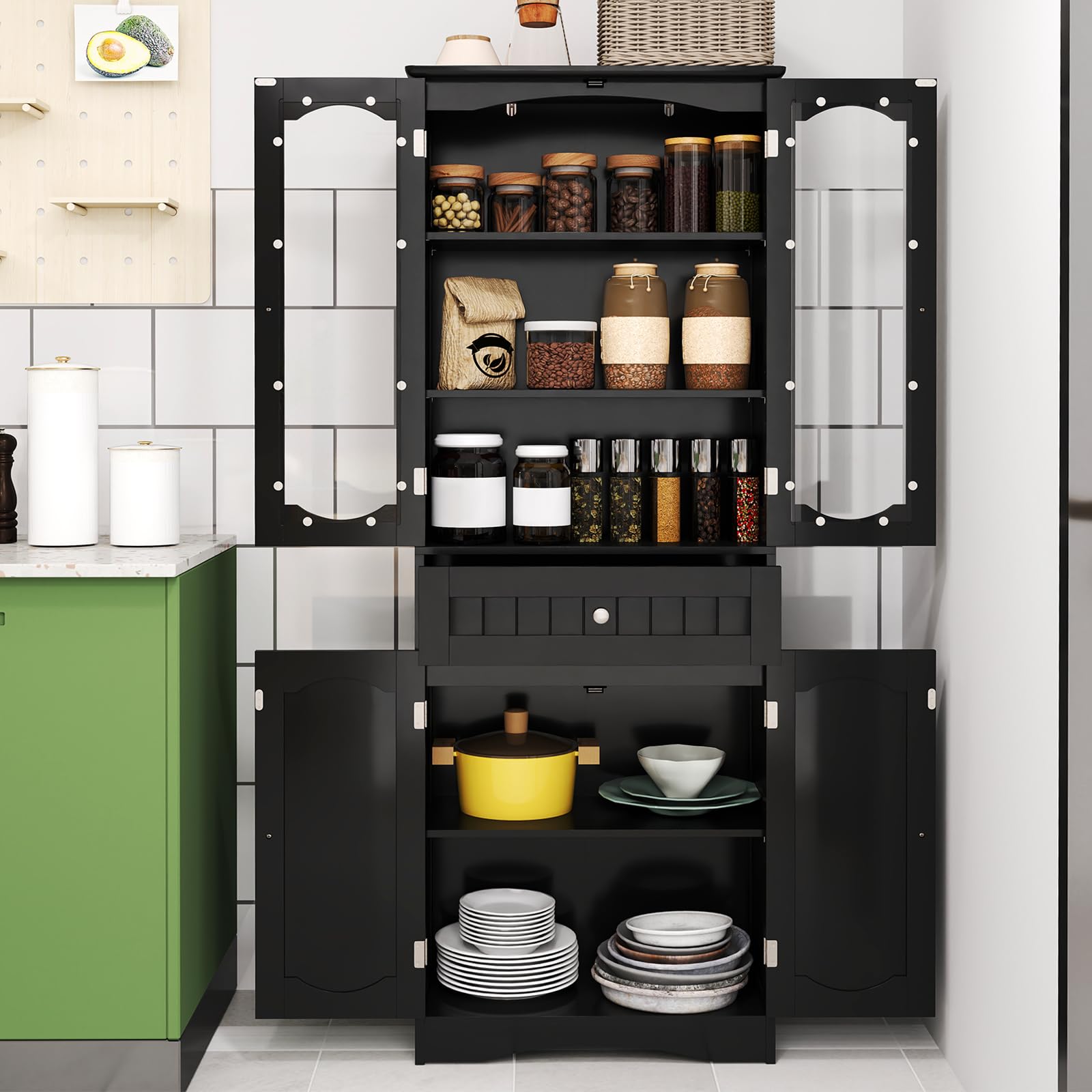 GOPLUS Armario de Baño Alto de 160 CM, Armario de Almacenamiento Independiente con Puertas de Vidrio Templado, Estantes Ajustables y Cajón Grande, Organizador Estrecho para Cocina (Negro)