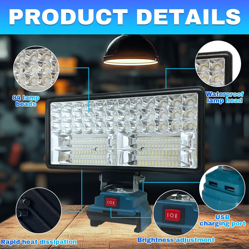 Lámpara LED Recargable para Batería Makita 21V, 80W 6000LM Foco LED Recargable, Luz de Trabajo Portátil Inalámbrica con 2 Puertos de Carga USB para Reparación de Coches, Camping, Obras