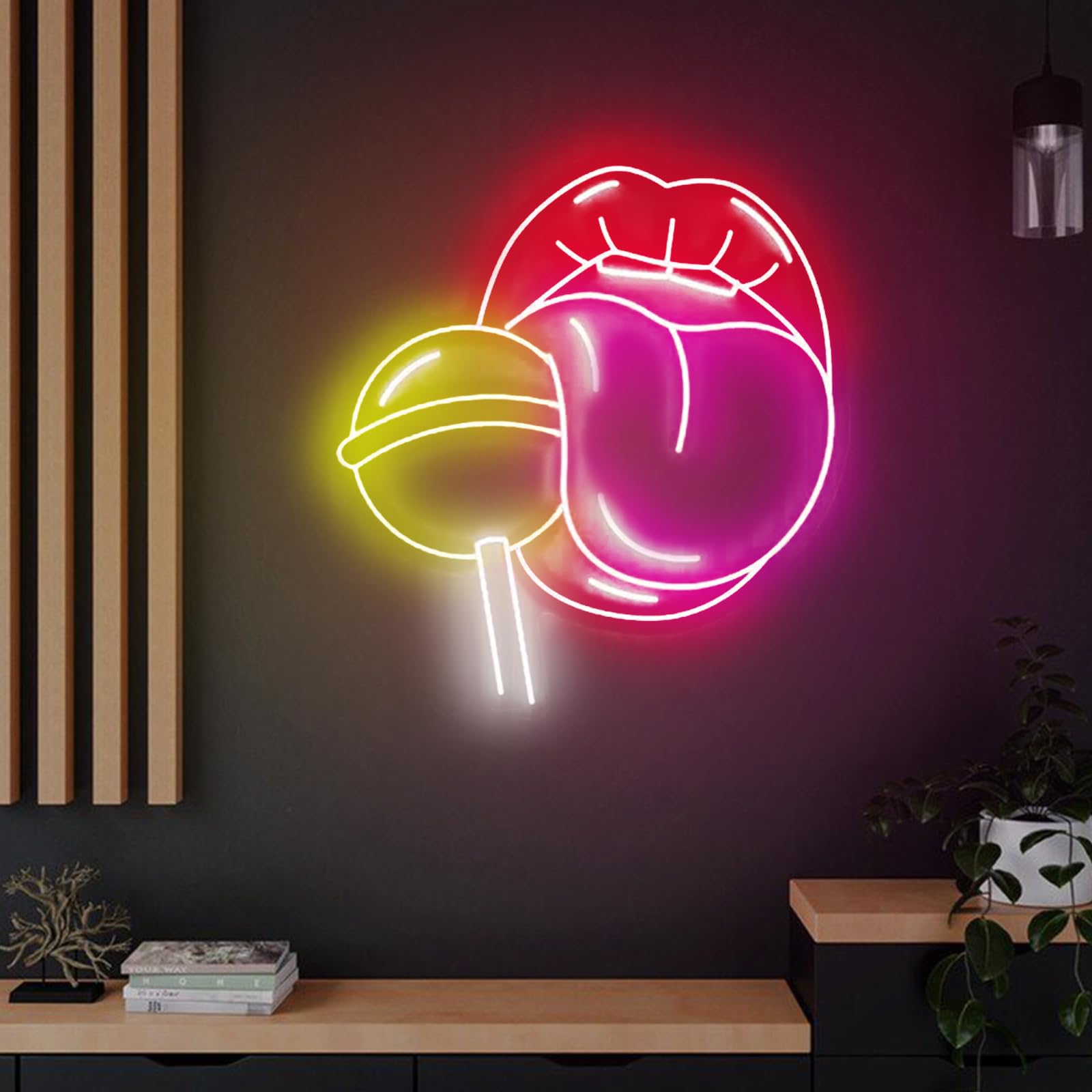 Lips with Lollipop Neon Sign 20 inches Led Red Lips Girl Light Up Signs Wall Decor for Home Bedroom Bar Decorations