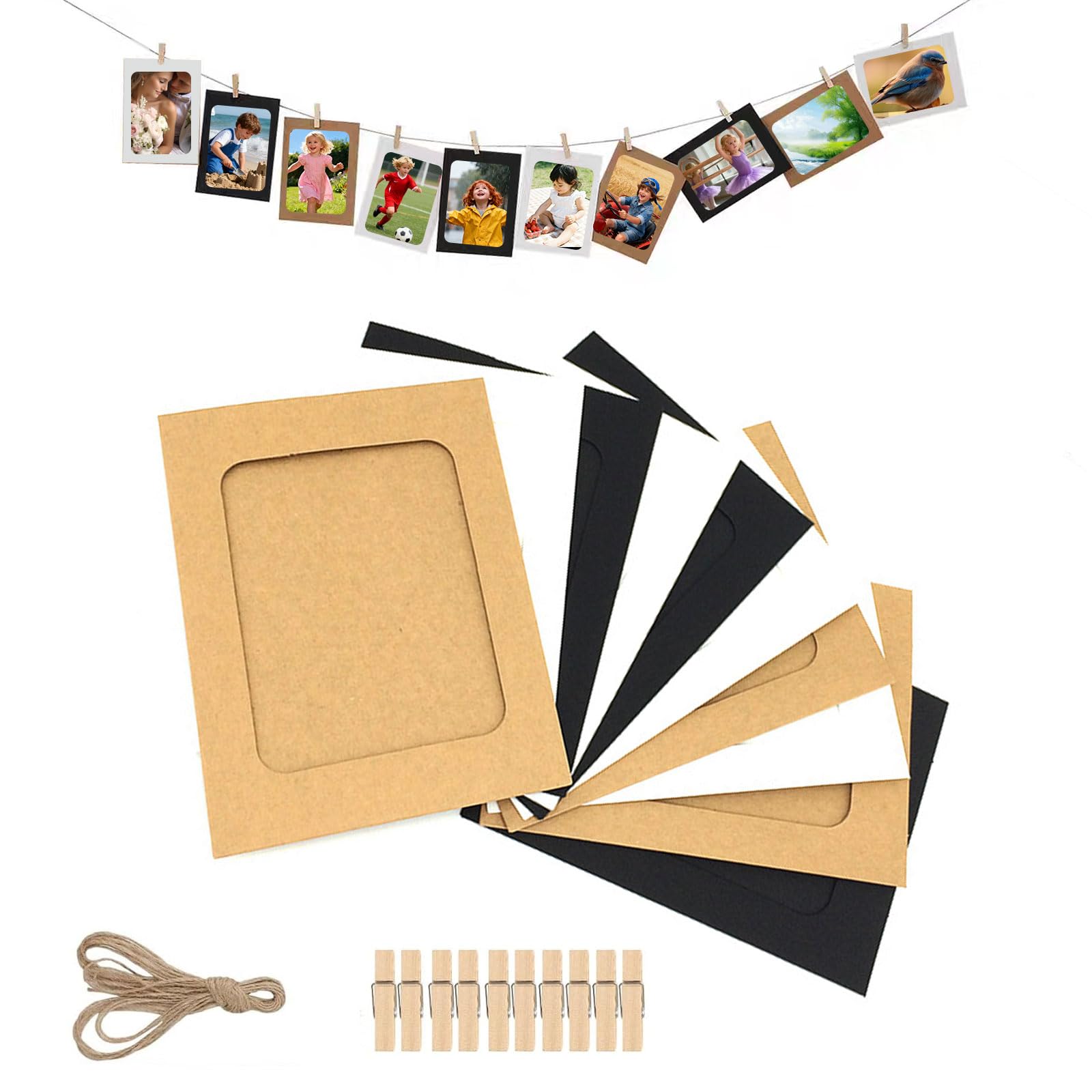 Cadres Photo en Papier Kraft 15,5 x 11,5 cm avec Pinces en Bois et Corde de Chanvre Décoration Murale