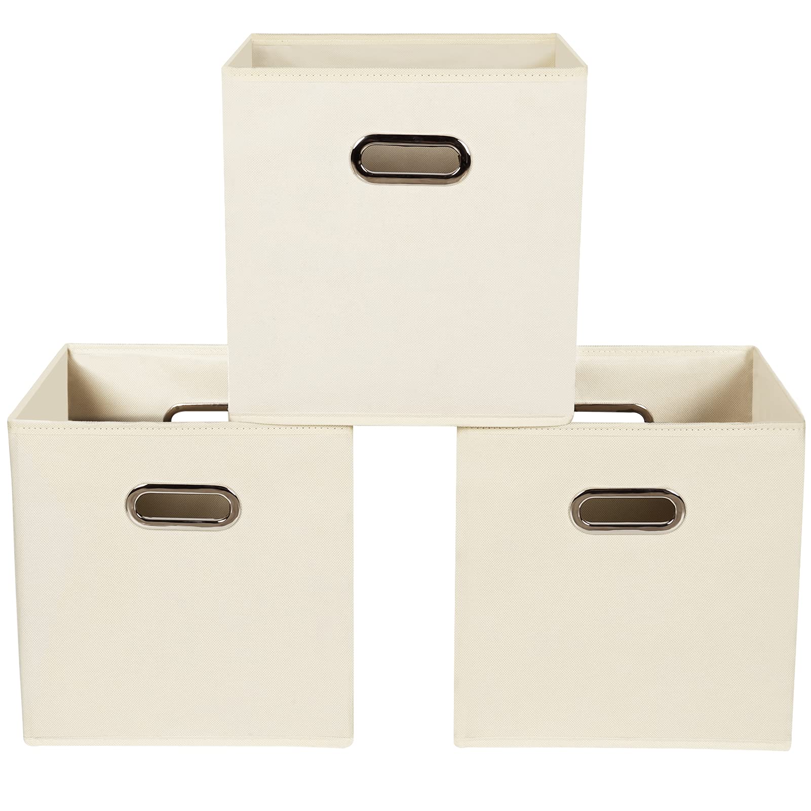 Yunkeeeper storage bins Cubes, Fabric Cube Organizer with Handle, Foldable Cube Bins for Cloth or Accessary Storage, 11x11x11, Set of 3, (Creamy White)