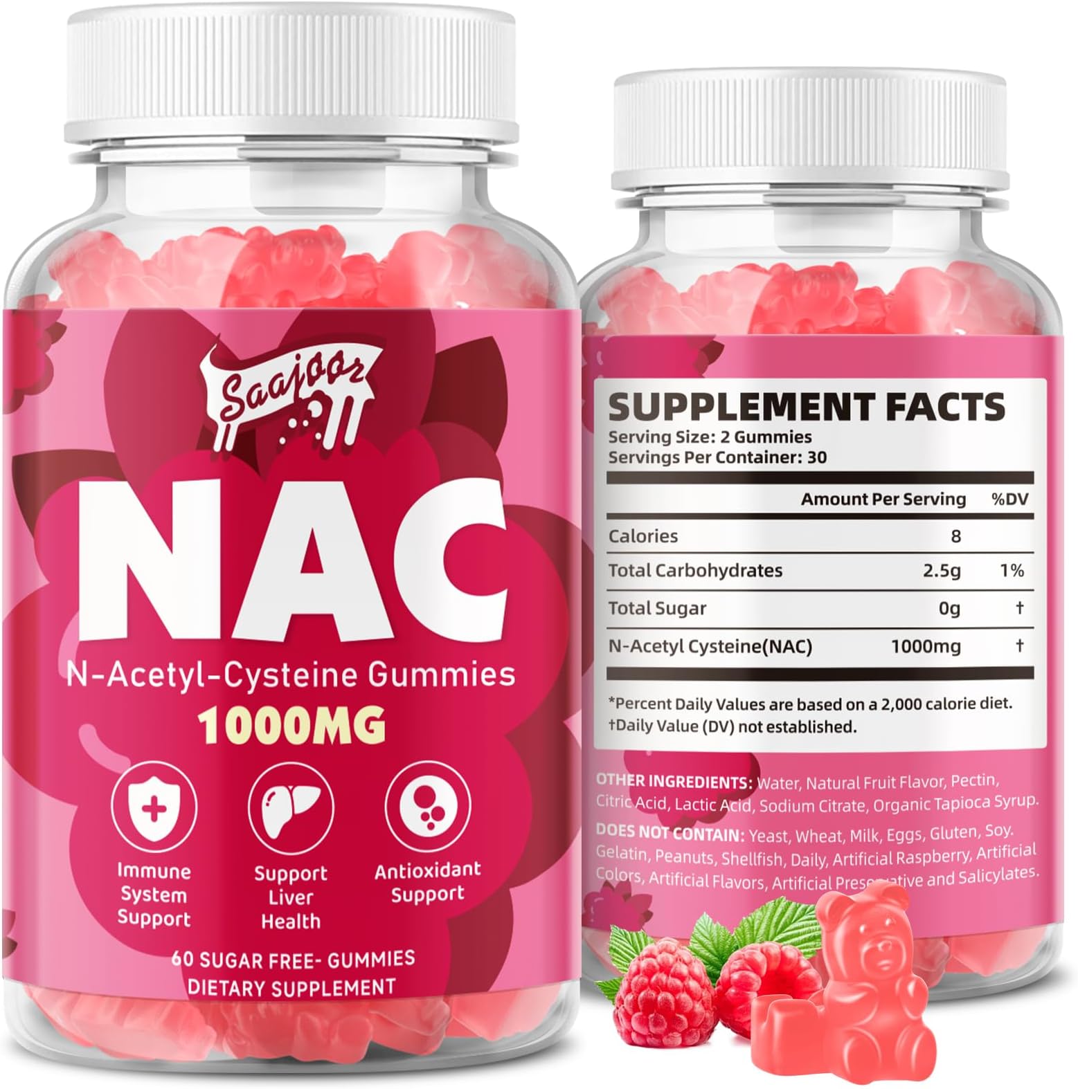 NAC Gummies Sugar-Free, N-Acetyl Cysteine NAC Supplement 1000mg for Antioxidants, Immune Support, Non-GMO, Gluten-Free, Vegan – Raspberry Flavor, 60 Gummies